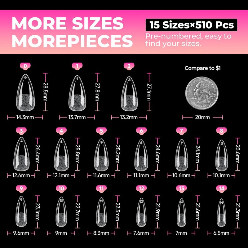 Stiletto Gel Nail Tips - 510 Pcs Medium Almond Full Cover Acrylic Press-On Nails | Pre-Etched for DIY Salon Use