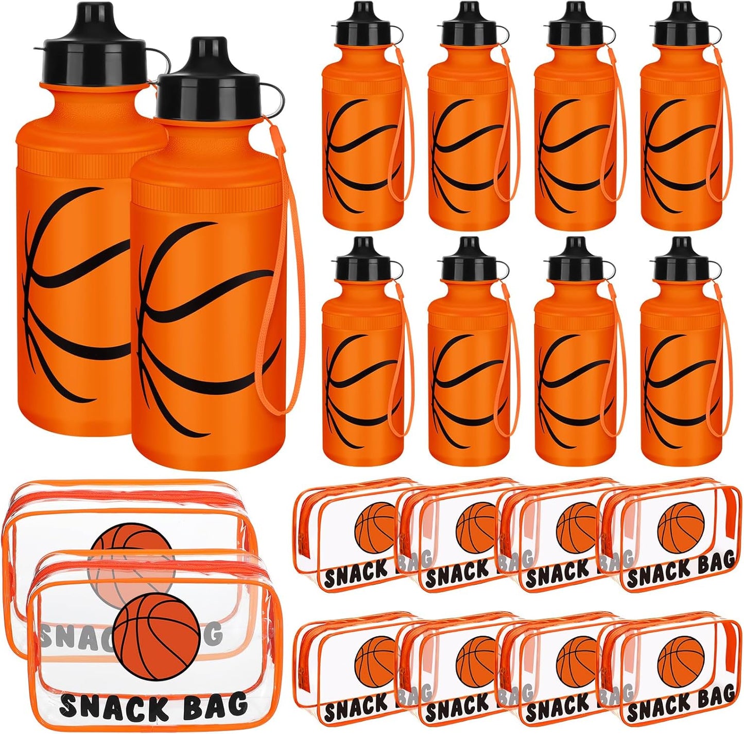 Reusable 20 oz Water Bottles Bulk - 8+8 Pcs Squeeze Plastic with Snack Bags | Clear PVC Waterproof Goodie Bags for Sports Parties