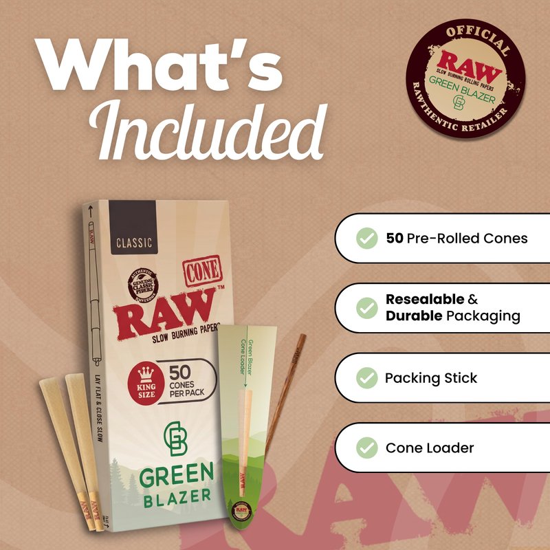 RAW Cones Classic King: 50 Pack Patented Slow Burning Cones Rolling Papers with Tips, All Natural RAW Paper, 109mm, Green Blazer Preroll Loader