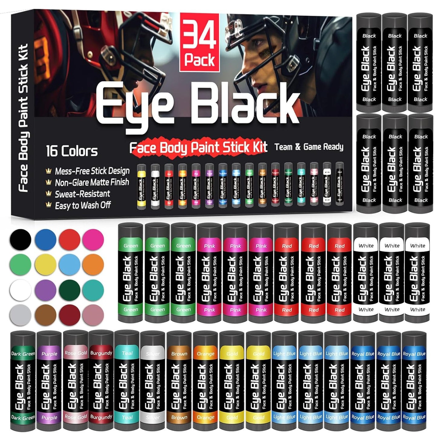 Eye Black Stick - 20 Pack Sports Face Paint in 12 Colors | Anti-Glare Under Eye Paint for Football & Baseball