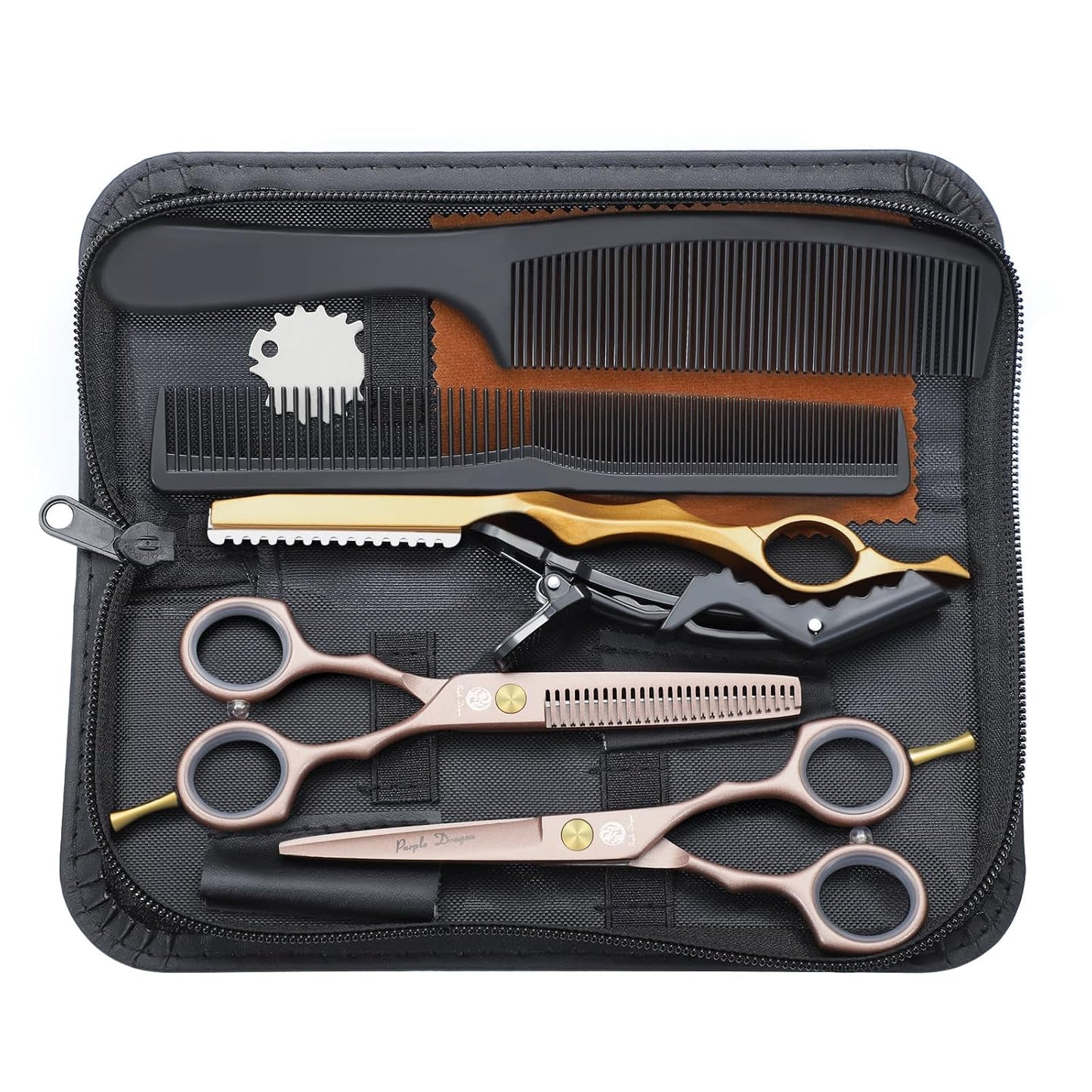Purple Dragon Hair Cutting Scissors Set - 5.5 Inch Barber Shears with Razor & Leather Case | Thinning & Texturizing Tools for Professionals or Home Use