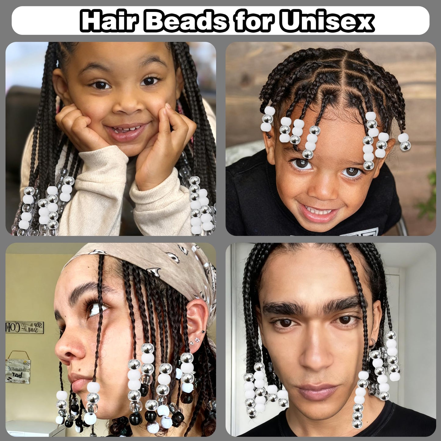 NAISKA 60PCS Clear Hair Beads Acrylic Beads for Braids Round Pony Bead Hair Bead for Kids Girls Silver Dreadlock Hair Decoration Loc Hair Accessories for Unisex
