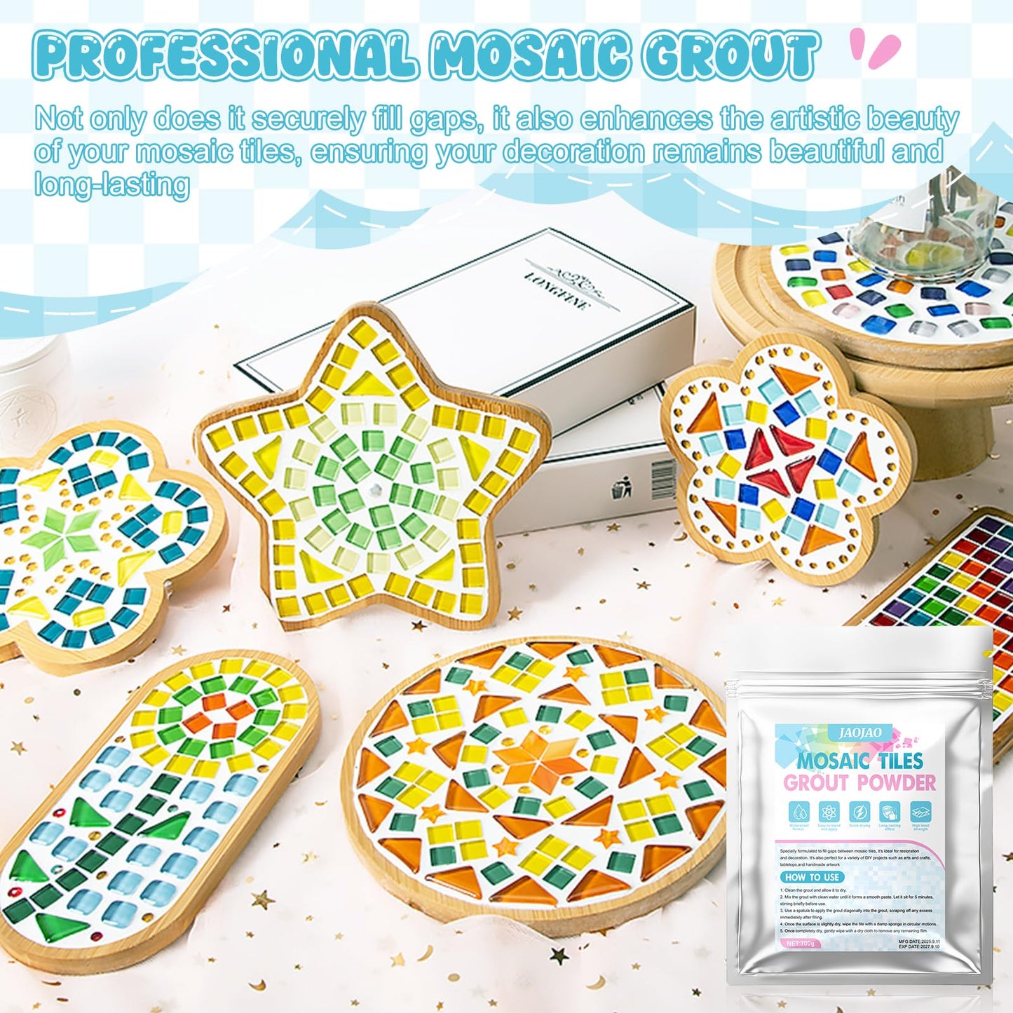 JAOJAO 10.6Oz Mosaic Grout Powder Mosaic Grout for Crafts White Unsanded Ceramic Tile Grout Essential for Handmade Grouting Use to Handmade Coasters, Candlesticks, Pen Holders, Vases