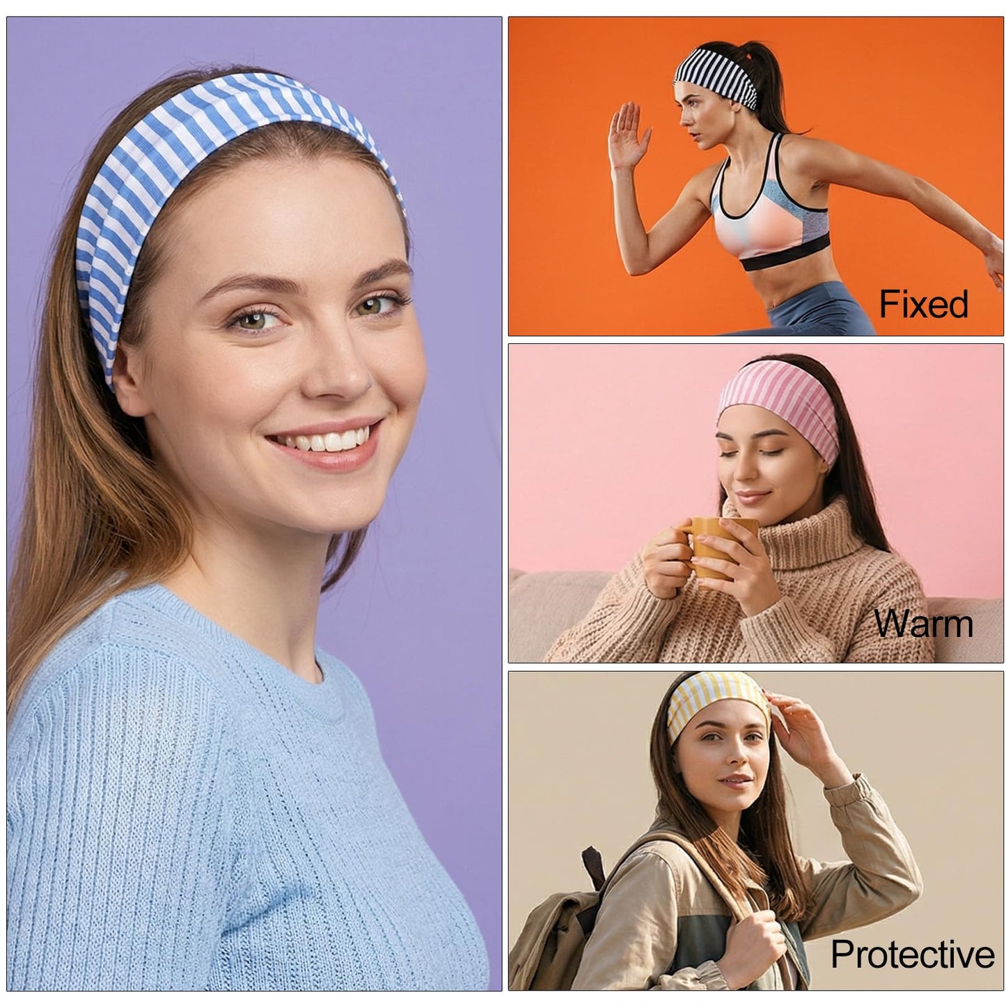 Mabor 4pcs Striped Headbands for Women, Non-Slip Wide Workout Hair Bands for Yoga Running and Daily Use