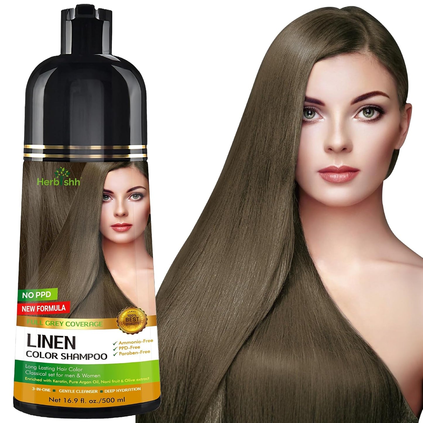 Herbishh Hair Color Shampoo for Gray Hair - Ammonia-Free Magic Dye | Long-Lasting Dark Brown - 500ml