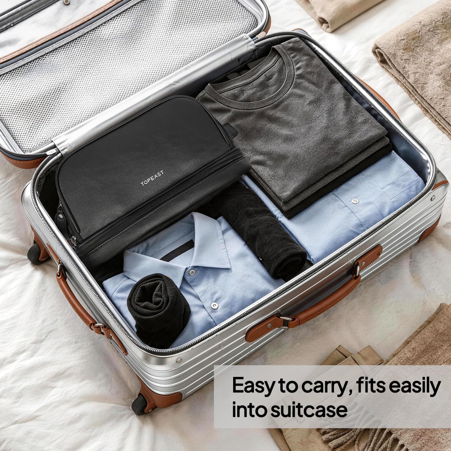 TOPEAST Toiletry Bag for Men, Large PU Leather Dopp Kit with Waterproof Wet Pocket, Double Layer Travel Toiletry Organizer with Brush Compartment, Shaving Bag with Handle, Black