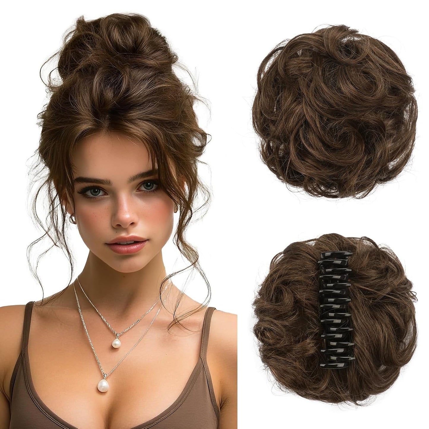 Human Hair Bun Clip | 100% Real Wavy Curly Chignon Hair Piece - Light Brown & Blonde Mix