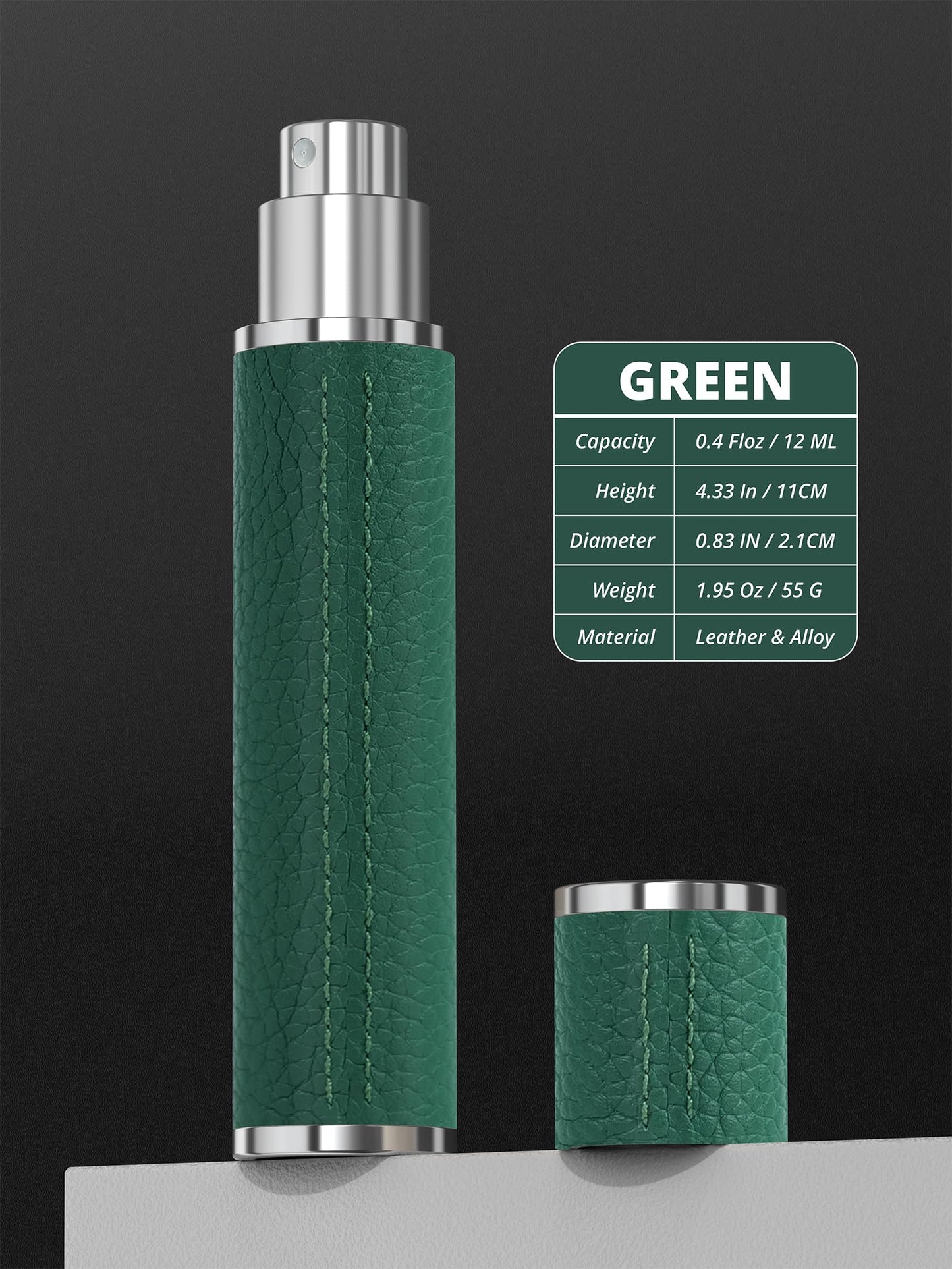 FENHON 12ml Genuine Leather Perfume Atomizer Refillable, Portable Mini Cologne Sprayer with Magnetic Cap & 3 Refill Tools, Luxury Travel Size Fragrance Spray Bottle for Men & Women (Green)