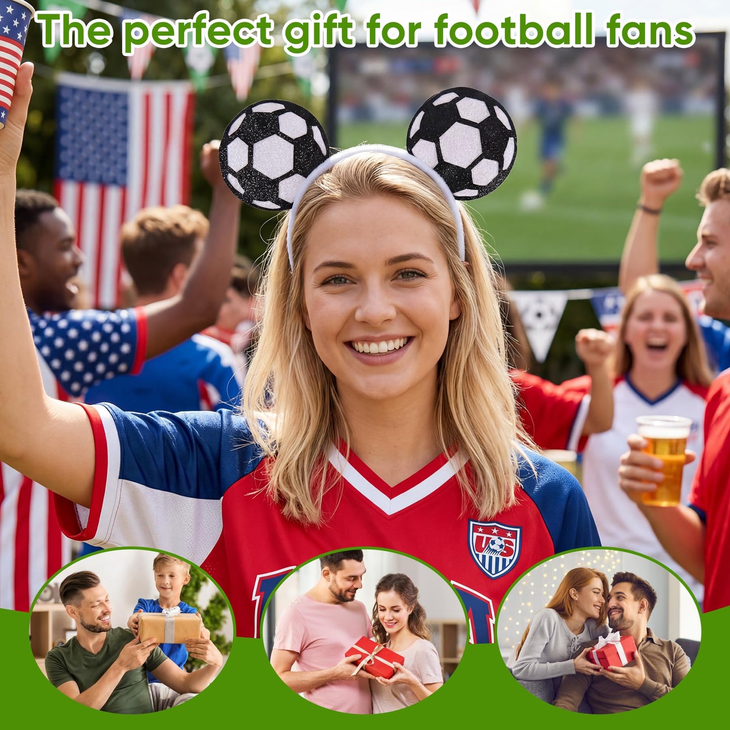 puwuto Soccer Headband for Women Men, Cute Hair Band with Two Football Ball Ears, Elastic Non-Slip Sports Headwear for This Year's World Cup 2026, Football Theme Party & Game Day