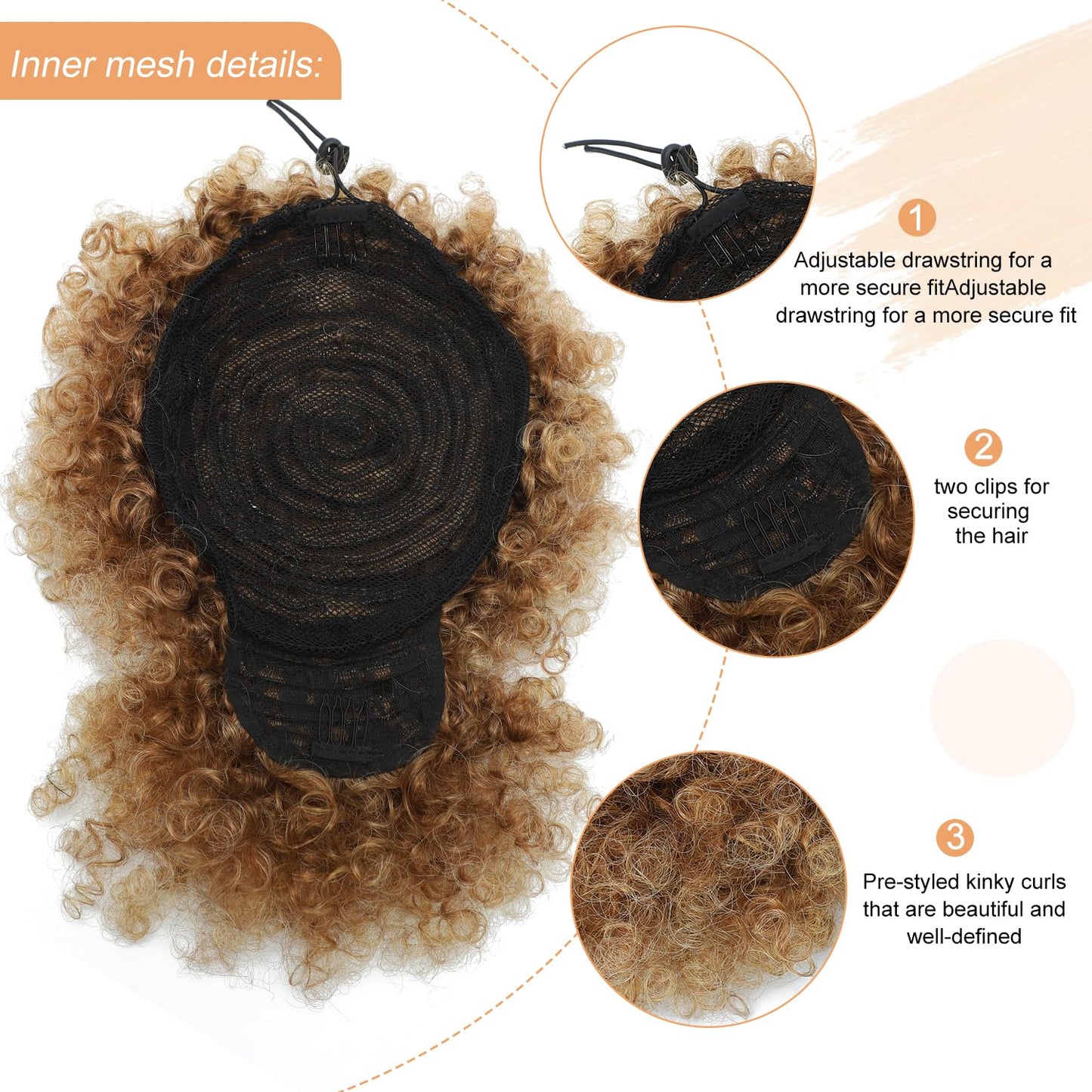 Afro Puff Drawstring Ponytail with Bangs,Short Caramel Brown Mix Blonde Kinky Curly Synthetic Pony Tails Extensions Drawstring Ponytail for Black Women Hair Bun Fluffy Updo for Daily Party Use 4/630