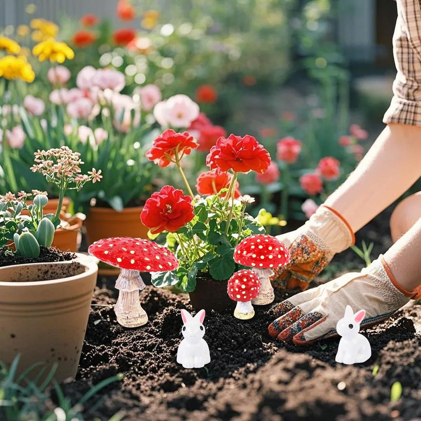 BRIOYHA 3-Piece Glow in The Dark Mushroom with 2 Bunny Statues – Outdoor Garden Decorations for Yard Pathway Landscape, Spring Easter Lawn Ornaments