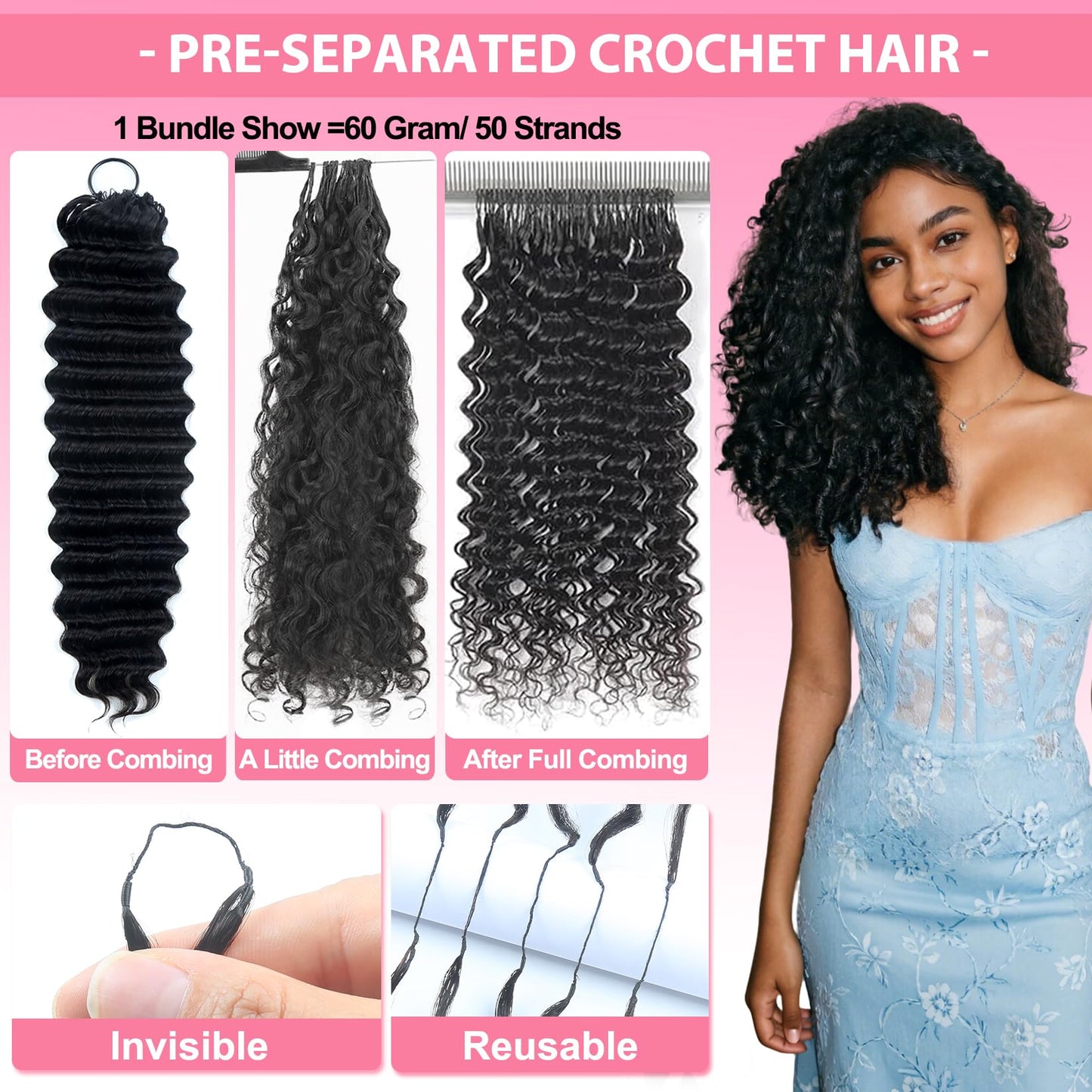 Human Crochet Hair for Black Women 50 Strands Deep Wave Crochet Human Hair Bundles 18 Inch 60g Pre-Separated Invisible Curly Miracle Knots Human Feather Crochet Hair Extensions Black