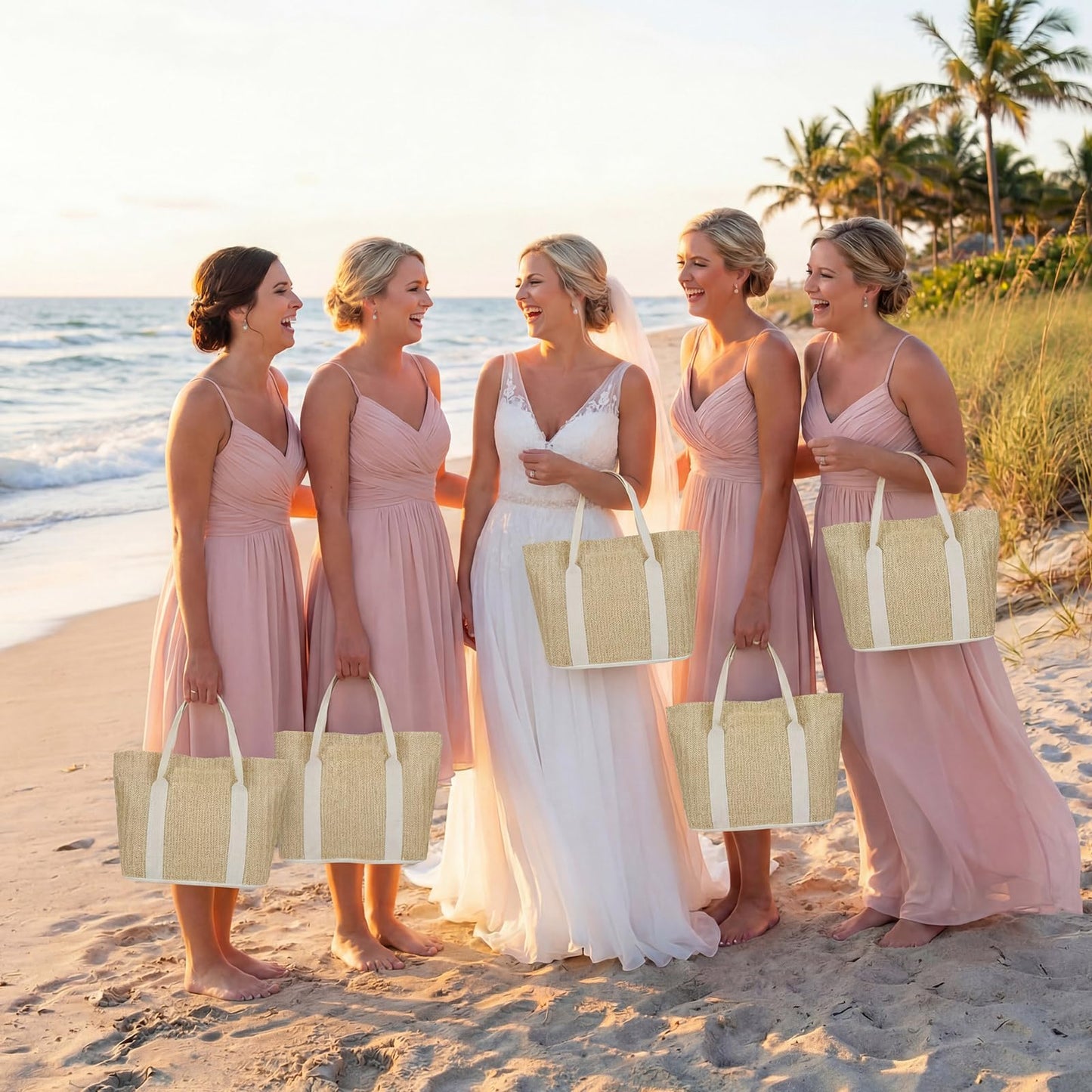 Paterr 6 Pcs Mini Beach Straw Bags for Bachelorette Favors Burlap Tote Bag with Handle for Bridesmaid Bridal Shower Gifts (S,White)