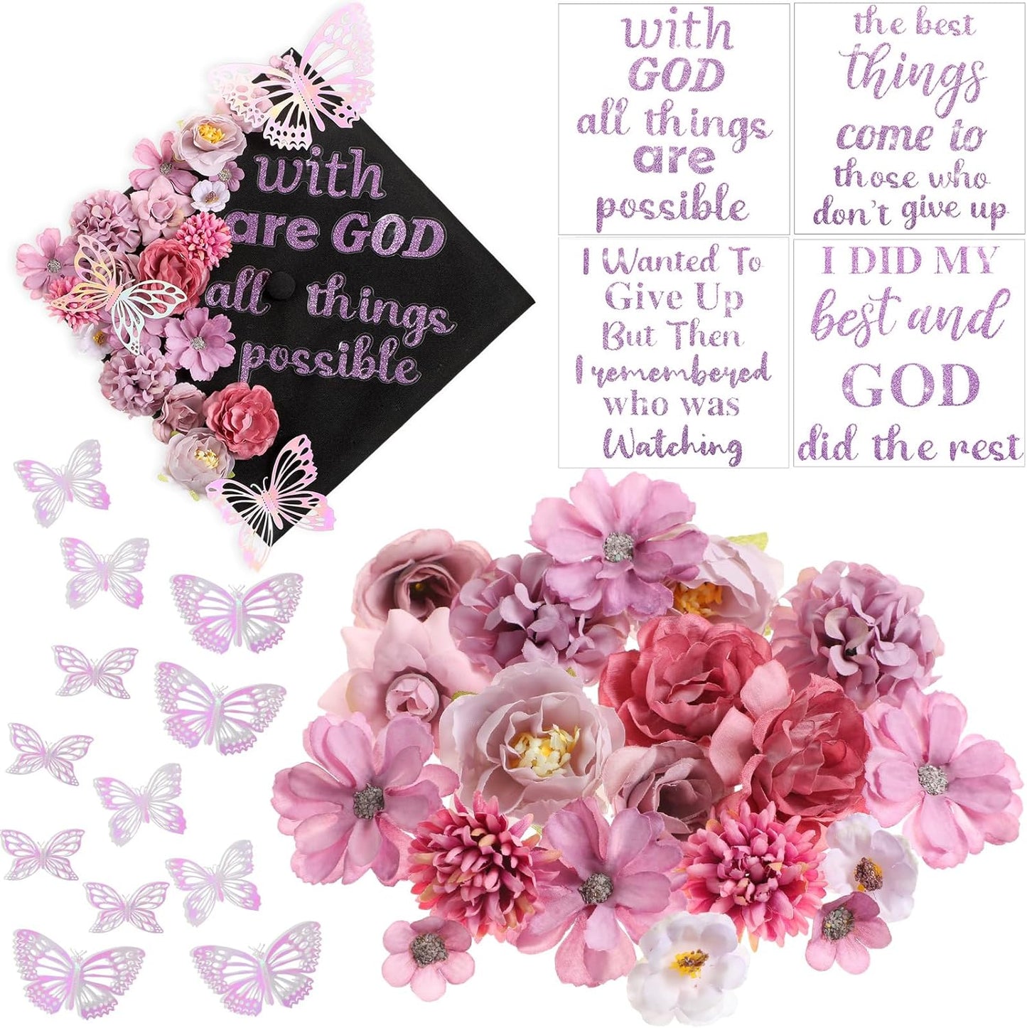 Graduation Cap Decoration Kit - 36 Pcs with Faux Flowers, Glitter Stickers & 3D Butterflies | Blue Inspirational Themes