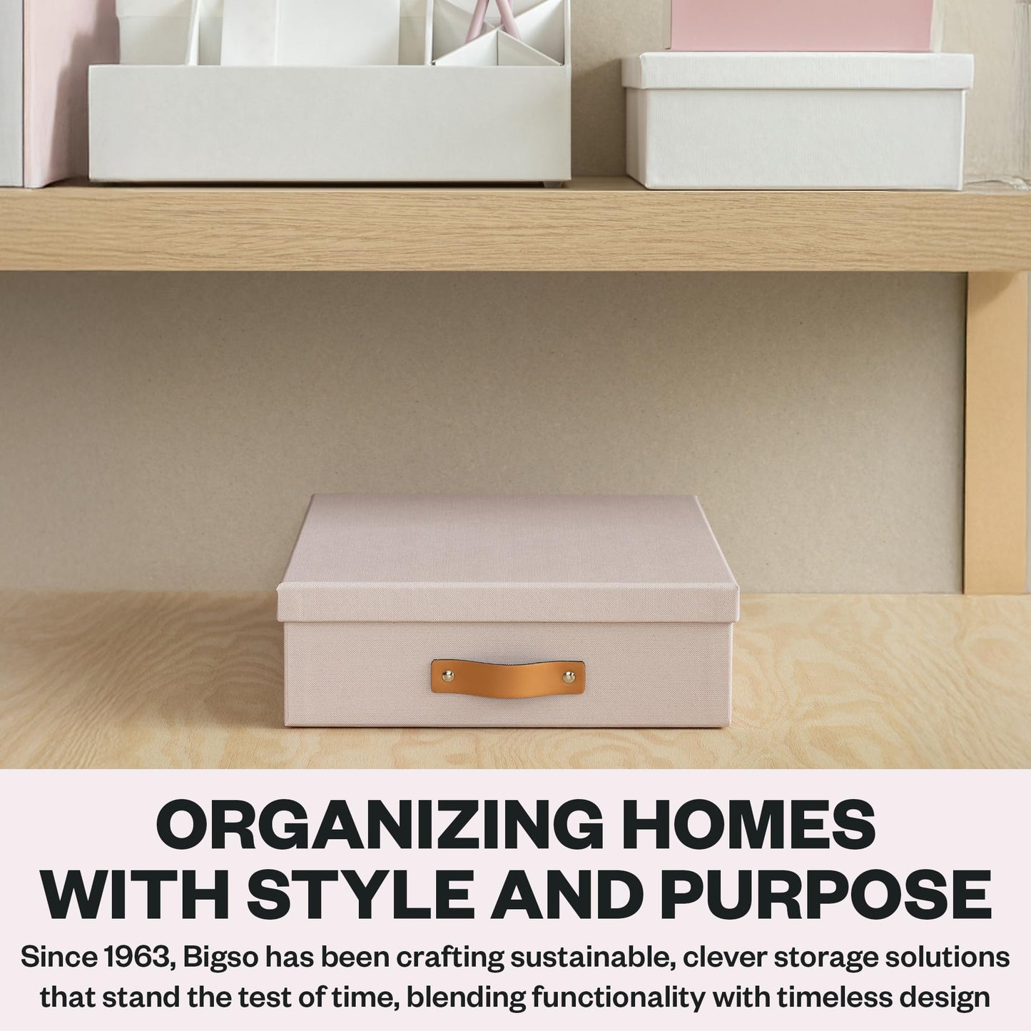 Bigso Oskar Fiberboard Document Storage Box with Lid for A4 and Letter Size Papers - Stylish, Sturdy, and Stackable Keepsake Box with Leather Handle - W10.2in x D13.8in x H3.3in - Pink Rose