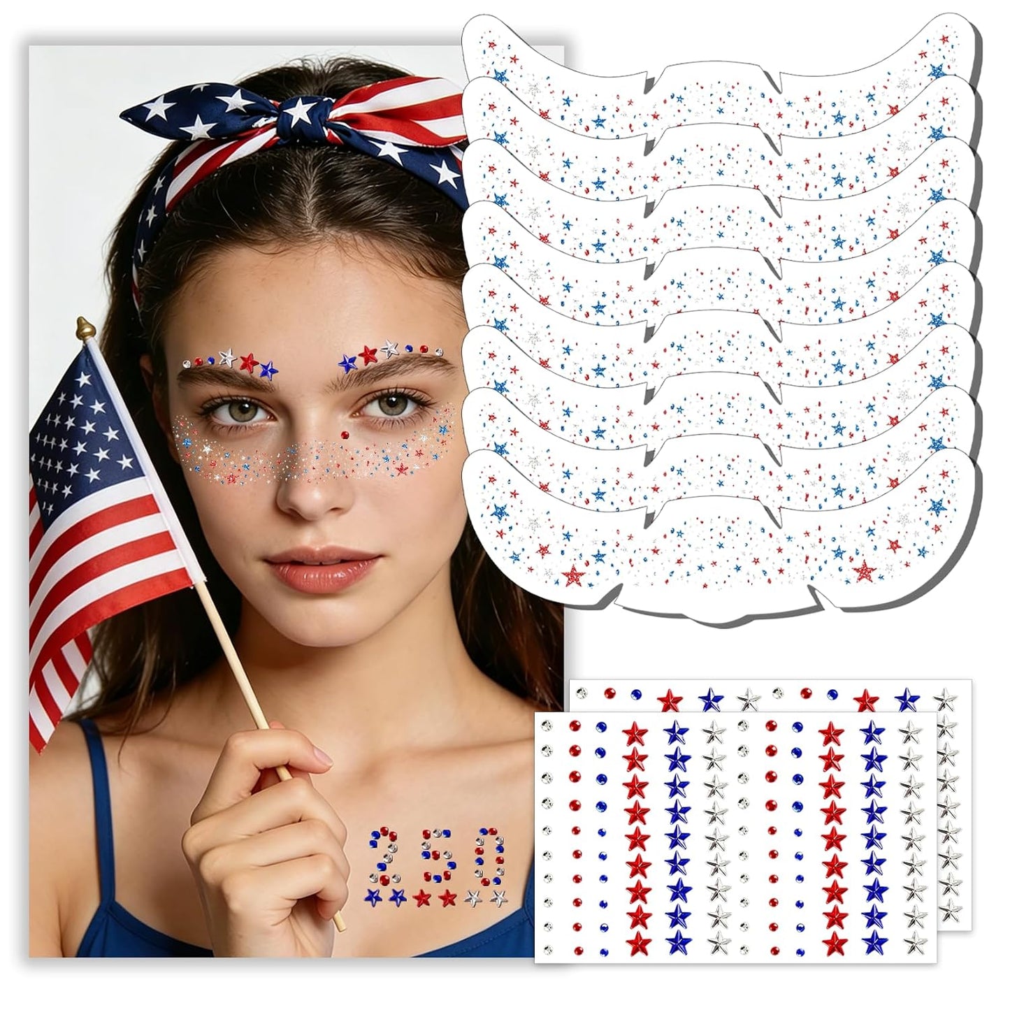 Patriotic 4th of July Face Gems - 10 Pcs Red, White & Blue Glitter Freckles for Women & Kids | USA Face Stickers