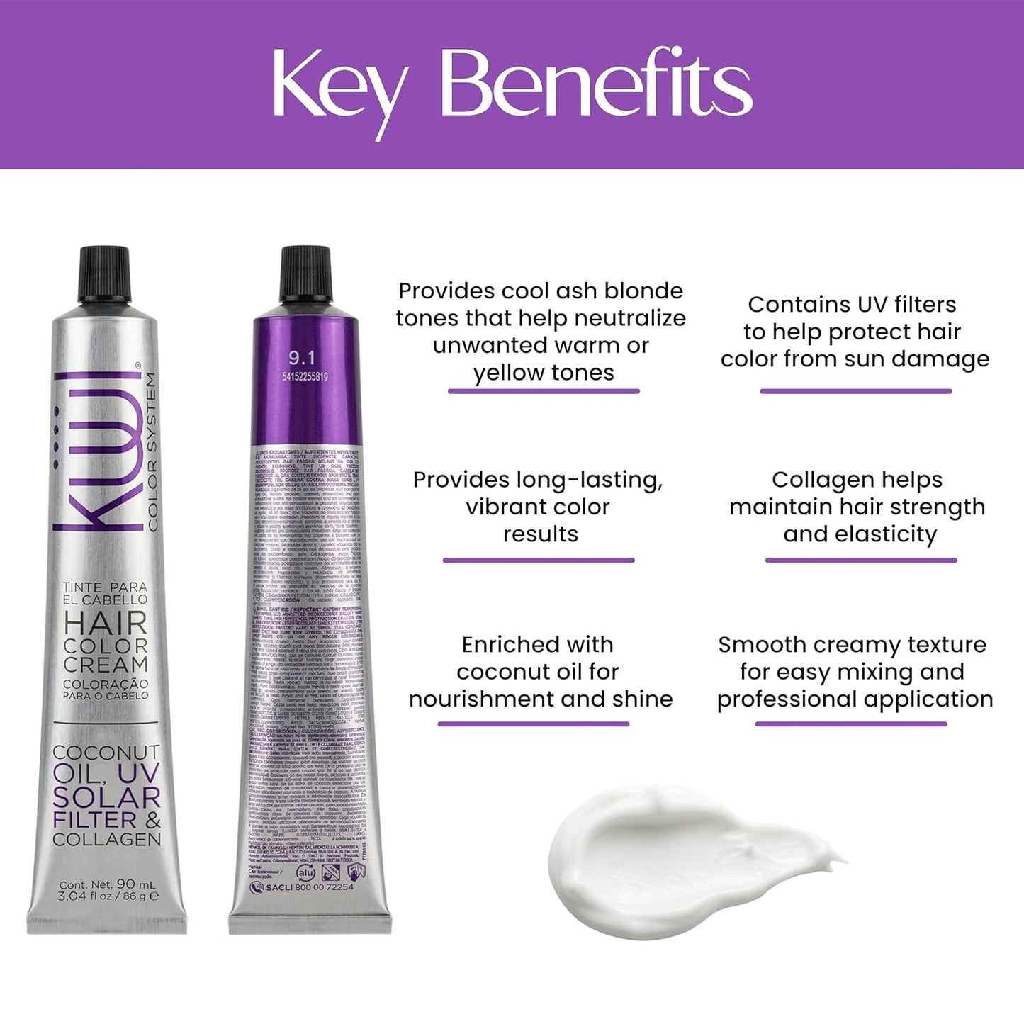Permanent Hair Color 9.1 Ash Blonde | Cool Blonde Hair Dye Cream with Coconut Oil & Collagen – 90 ml