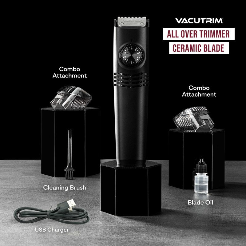 Vacutrim Cordless Body Shaver for Men, Rechargeable Grooming Tool with 20 Trim Settings, Integrated Vacuum System - Black, 7.5", As Seen On TV