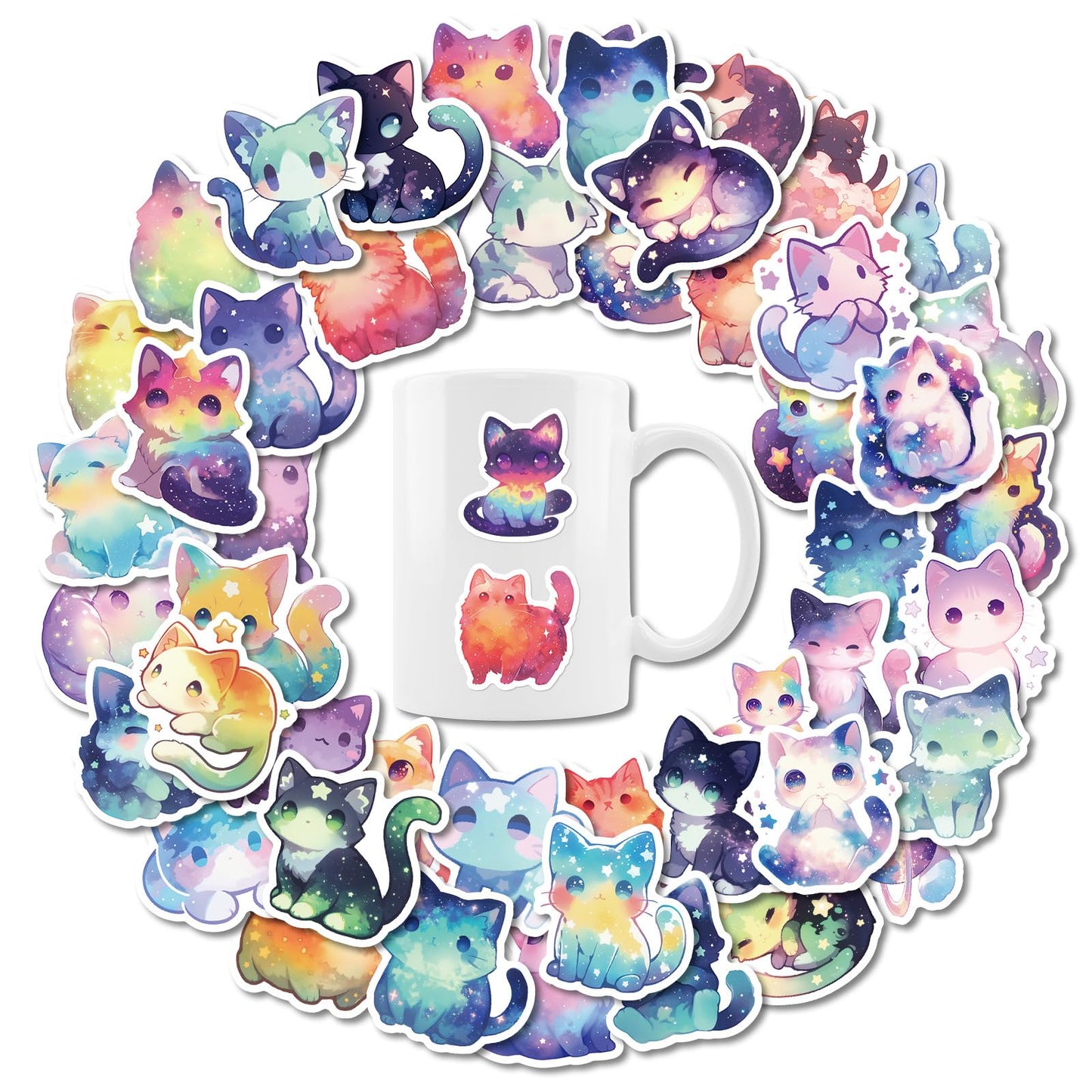 Cat Stickers, 50Pcs Kawaii Stickers Waterproof Vinyl Galaxy Starry Sky Kitty Decals for Water Bottles Laptops Luggage and Cat Gifts for Women Kids Adults