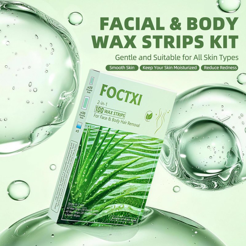FOCTXI 100 PCS Wax Strips Kit, 40 Facial & 60 Body Waxing Strips for Face, Eyebrow, Bikini/Brazilian, Legs, Arms, Chest, Back Hair Removal + 5 Calming Oil Wipes, Gentle for Sensitive Skin, Men & Women