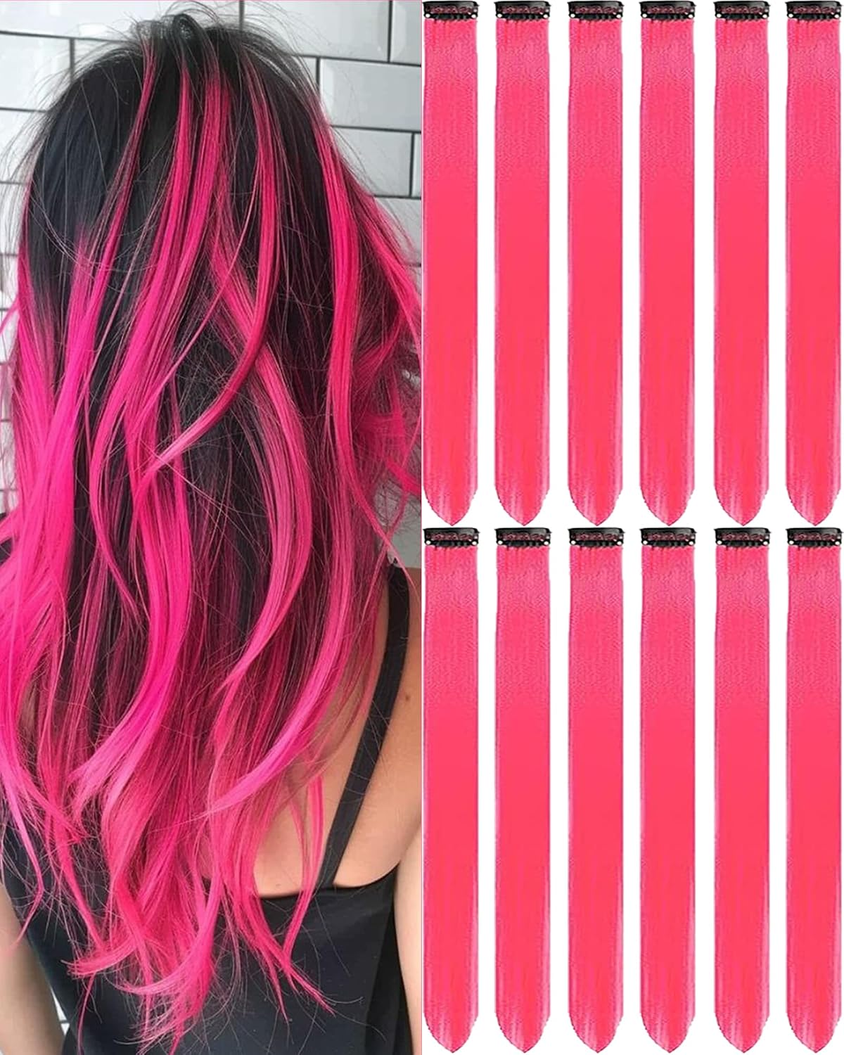 Clip-In Black Hair Extensions - 22 Inch Long Synthetic Hairpieces for Women | Party Highlights