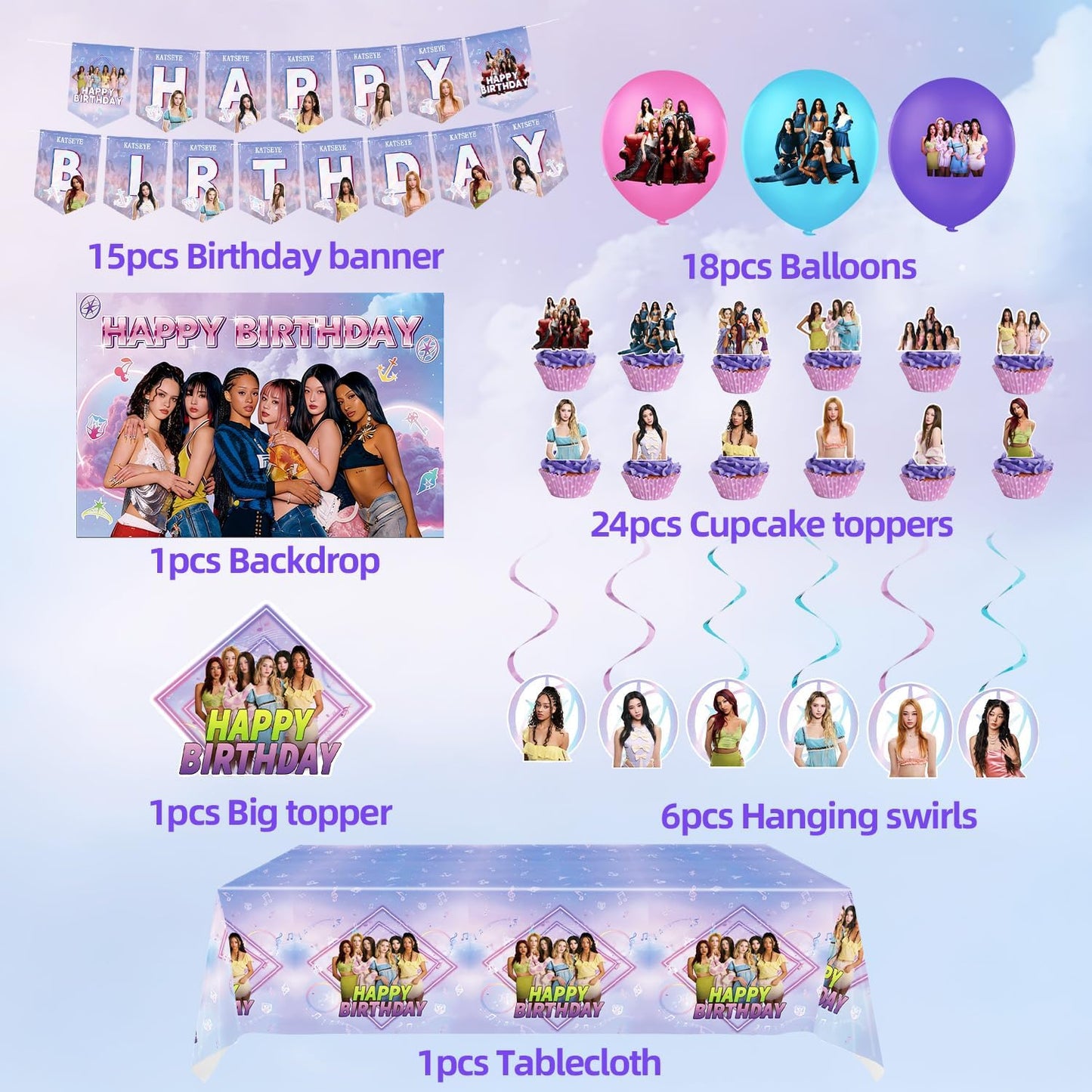 KATSEYE Birthday Decorations Set - Complete Party Supplies with Banner, Backdrop, Balloons & Cake Toppers | Ideal for Girls' KATSEYE Theme Party