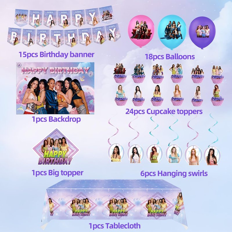 KATSEYE Birthday Decorations Set - Complete Party Supplies with Banner, Backdrop, Balloons & Cake Toppers | Ideal for Girls' KATSEYE Theme Party