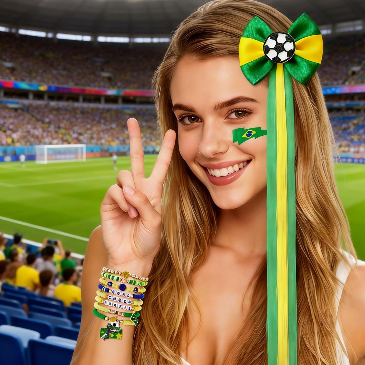 Ksheria 2026 Soccer BRAZIL Adult Supporter Kit – 7PCS National Team Fan Accessories with Wig Hair Clip, Bracelets & Patriotic Face Decals for Stadium Events & Game Day (BRAZIL)