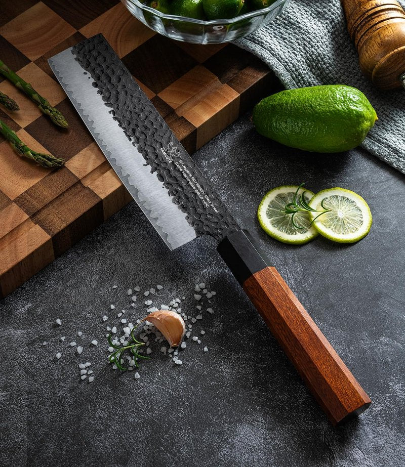 FAMCÜTE 7 Inch Japanese Nakiri Knife, Hand Forged 5 Layers High Carbon 9CR18MOV Steel Rosewood Handle Chef Knife, Efficiency Cutting Professional Japanese Knife, A Thoughtful Father’s Day Gift for Men