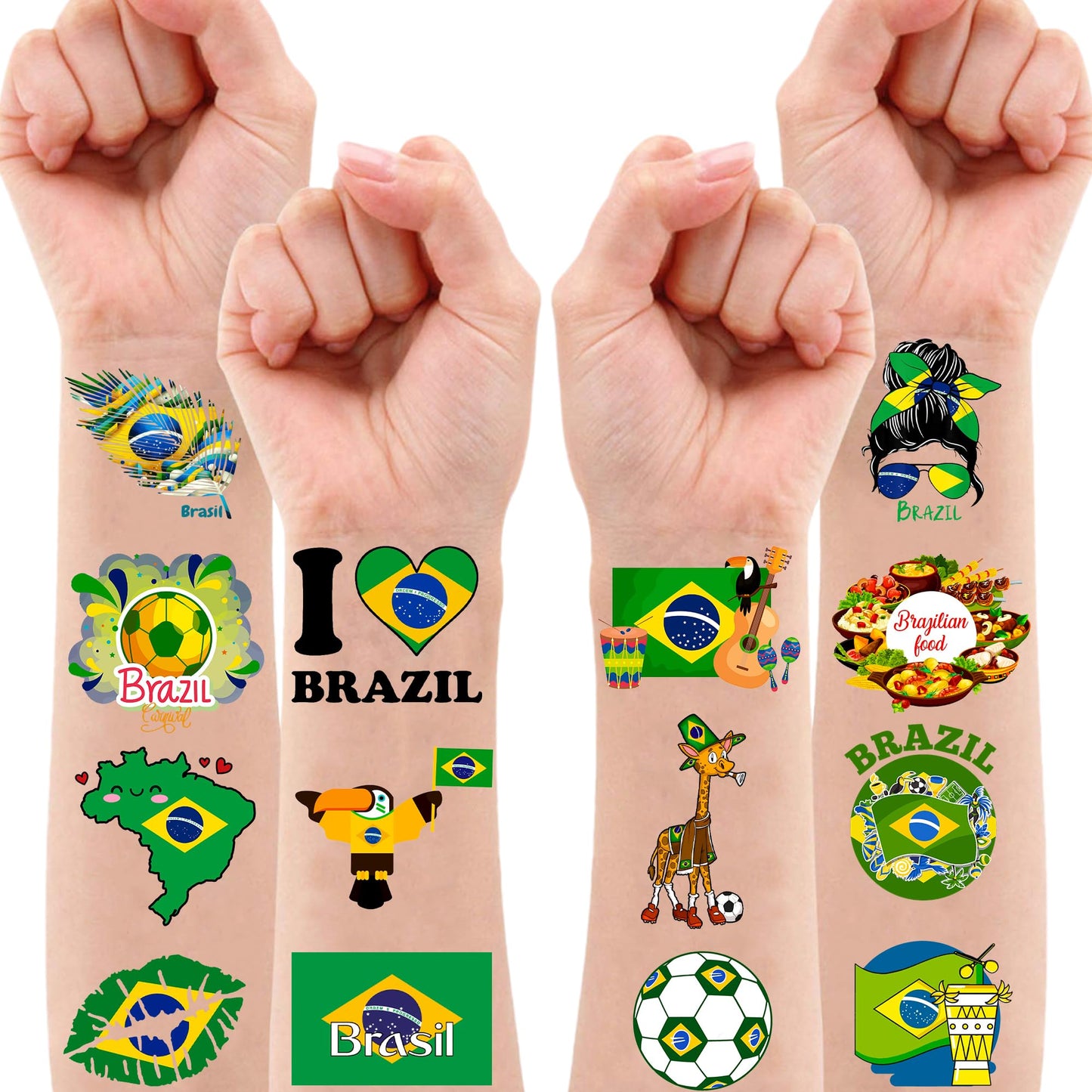 96 PCS Brazil Temporary Tattoos for Kids - Brazilian Flag Soccer Theme Birthday Party Favors, Carnival Decorations, Waterproof Fake Tattoo Stickers for Boys Girls Goodie Bags