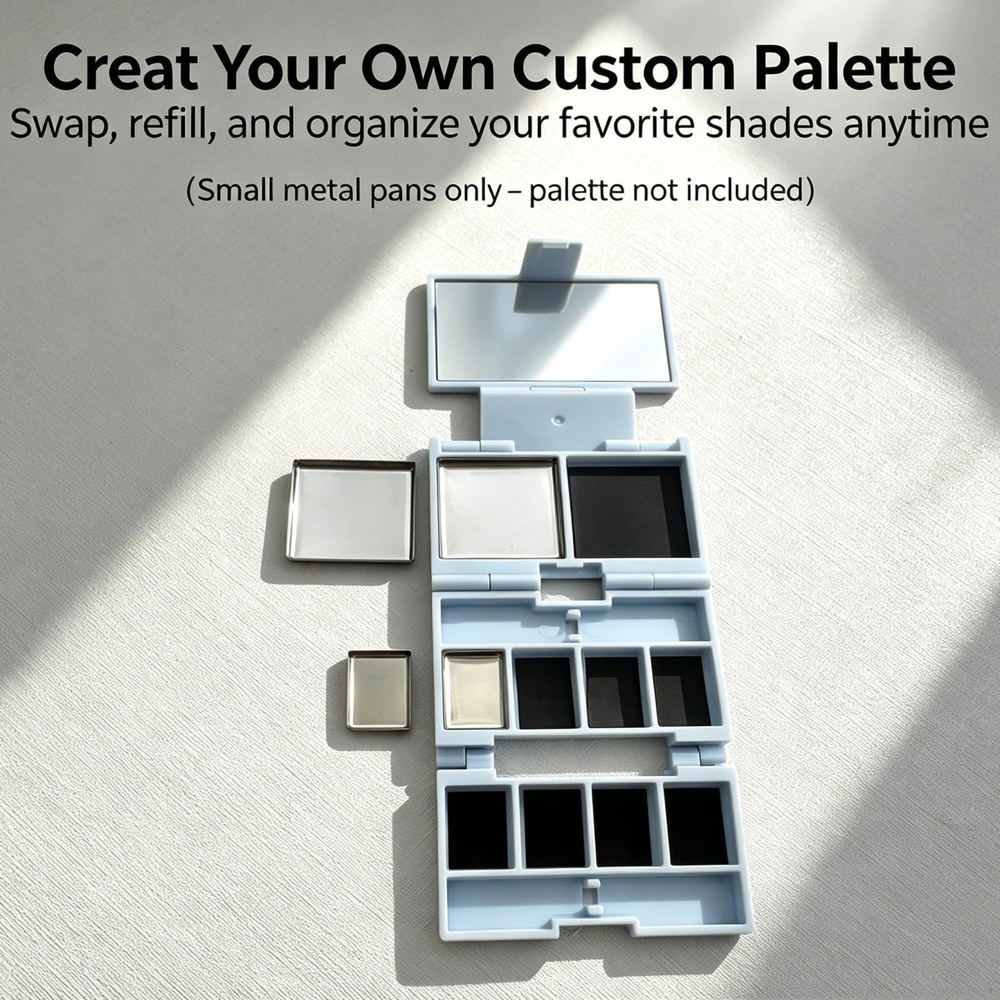 50 Pack Empty Metal Pans for Magnetic Makeup Palette, 20 Medium Square (1") & 30 Small Rectangular (9/16" x 3/4") Silver Tin Refills, Responsive to Magnets for DIY Eyeshadow, Blush, Lipstick Depotting