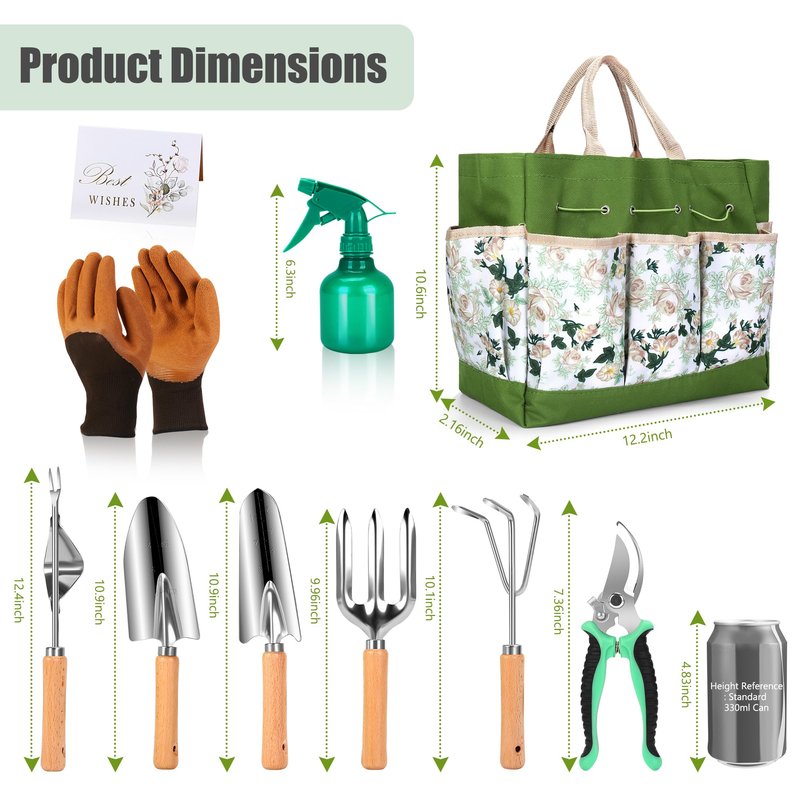 Gardening Tools Set of 10, Heavy Duty Stainless Steel Garden Hand Tools with Floral Tote Bag, Rust-Proof Garden Tools for Gardening, Gardening Gifts for Women, Men and Plant Lover