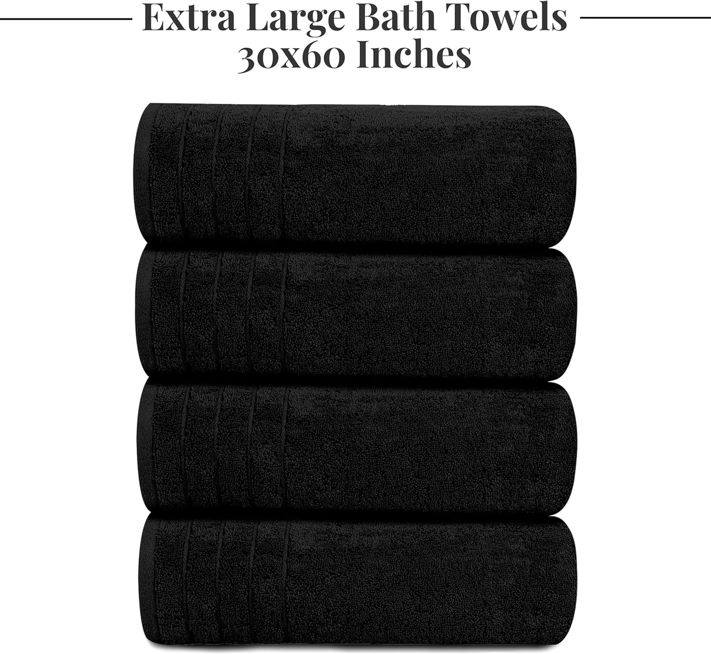 Extra Large Bath Towels - Pack of 4 | 100% Cotton, Soft & Absorbent, 30 x 60 Inches - Black
