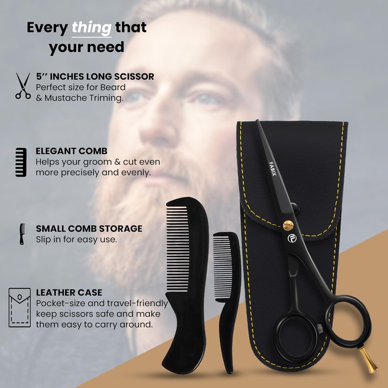 5” Professional Beard Mustache Scissors with 1 Beard Comb, 1 Mustache Comb and Travel Pouch - Perfect Beard Trimming Scissors for All Facial Hair Scissors - Grooming Scissors