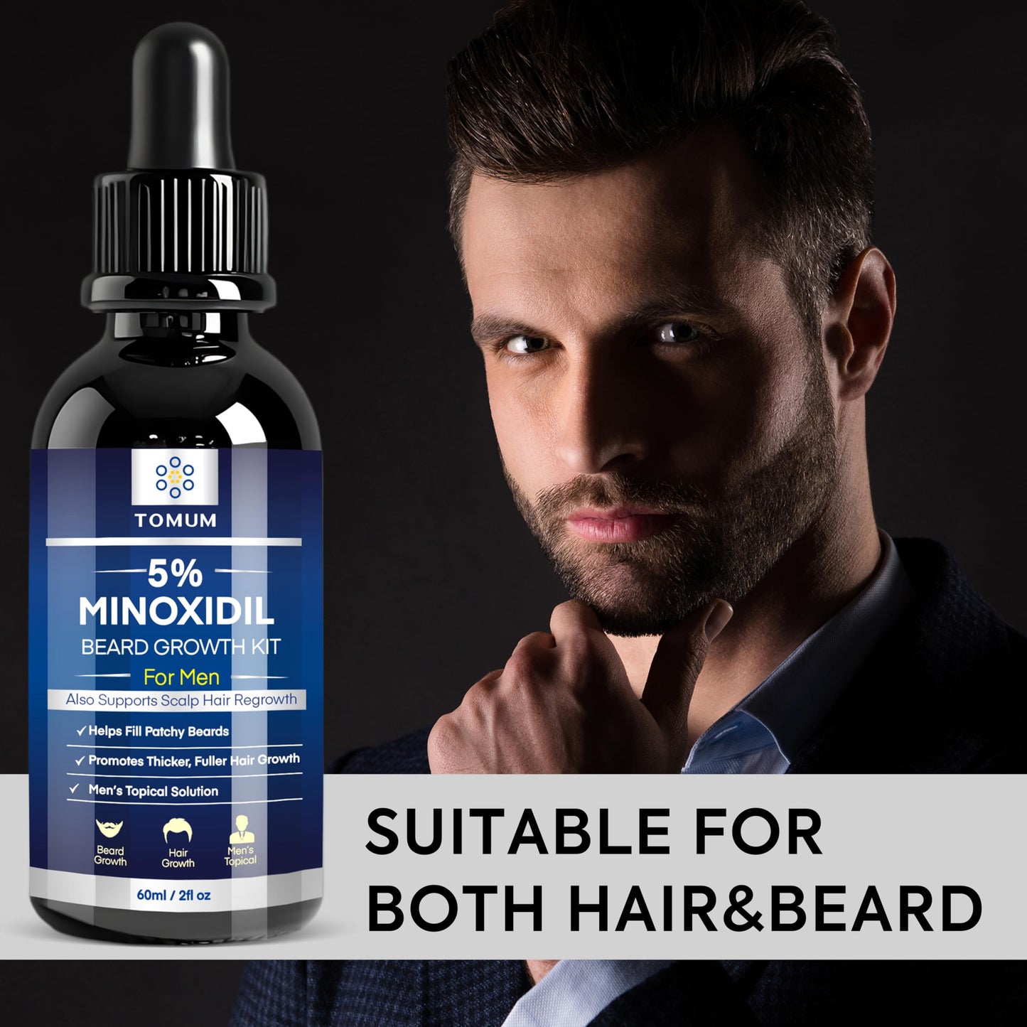 TOMUM 5% Minoxidil Beard Growth Kit for Men – Hair & Beard Regrowth Serum, Helps Fill Patchy Beards, Thicker Fuller Facial & Scalp Hair, Topical Solution