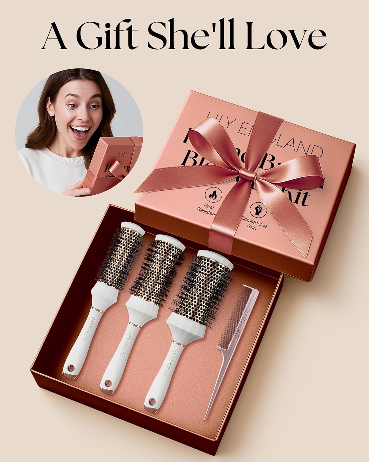Round Hair Brush Set - 4 Piece Professional Blow Dry Kit with 3 Brushes & Comb | Ideal Beauty Gift for Women - White