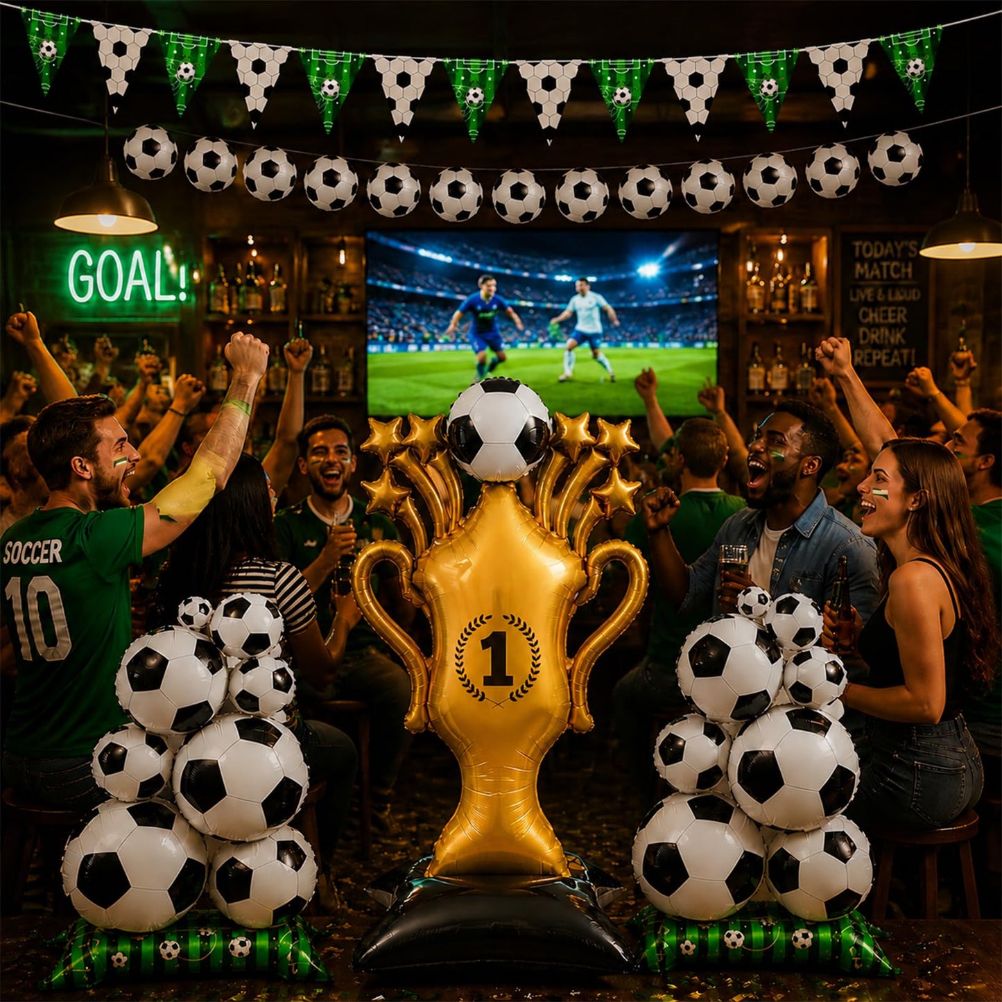 Dingpanxing 5PCS Soccer Party Decorations - 59" Trophy Balloon, Soccer Ball Foil Balloons, Pennant Banner for Birthday, Game Day, 2026 World Cup, Football Themed Party Supplies