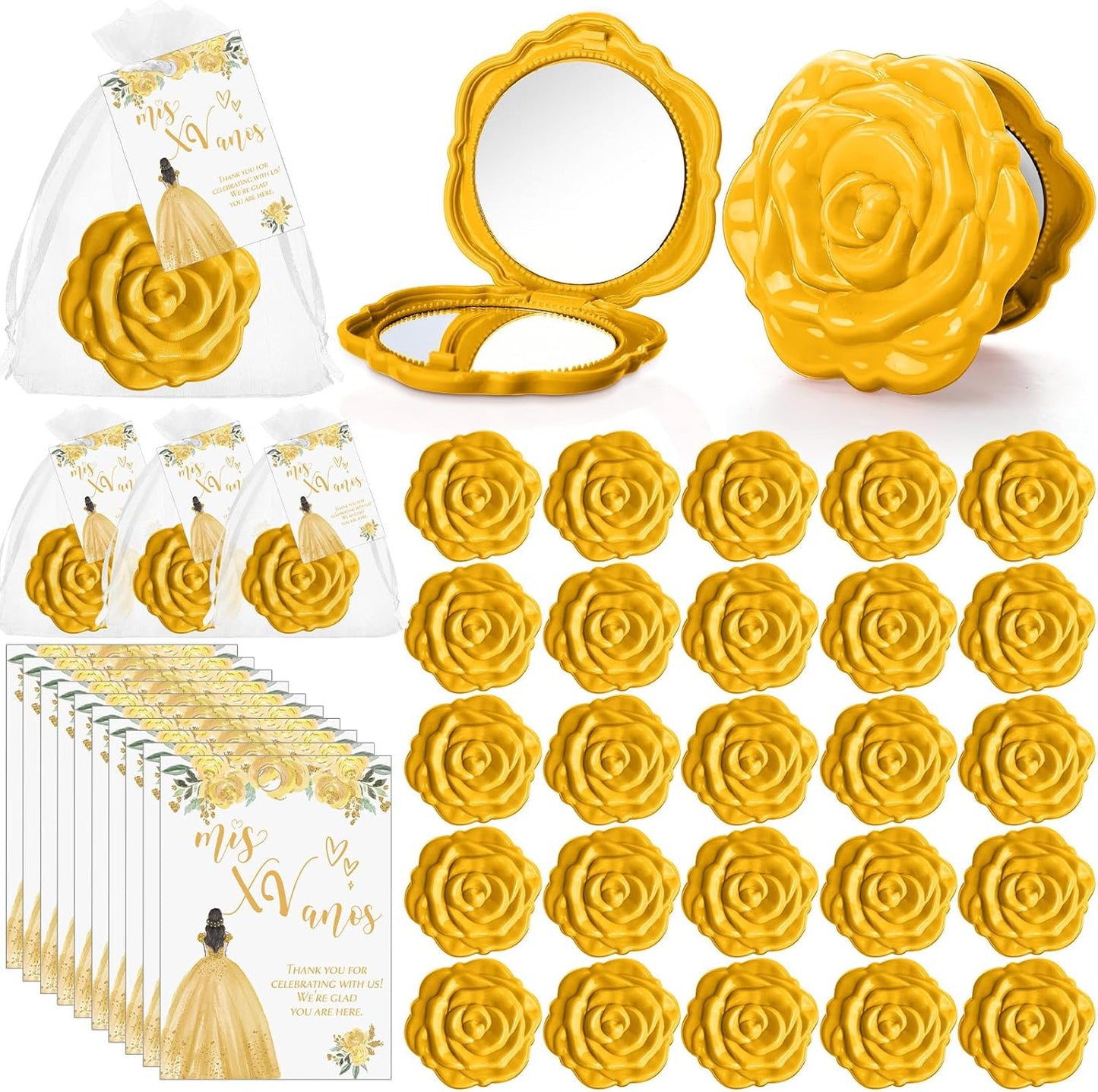 Quinceanera Party Favors - Rose Design Compact Pocket Mirrors with Thank You Cards & Organza Bags | Pink