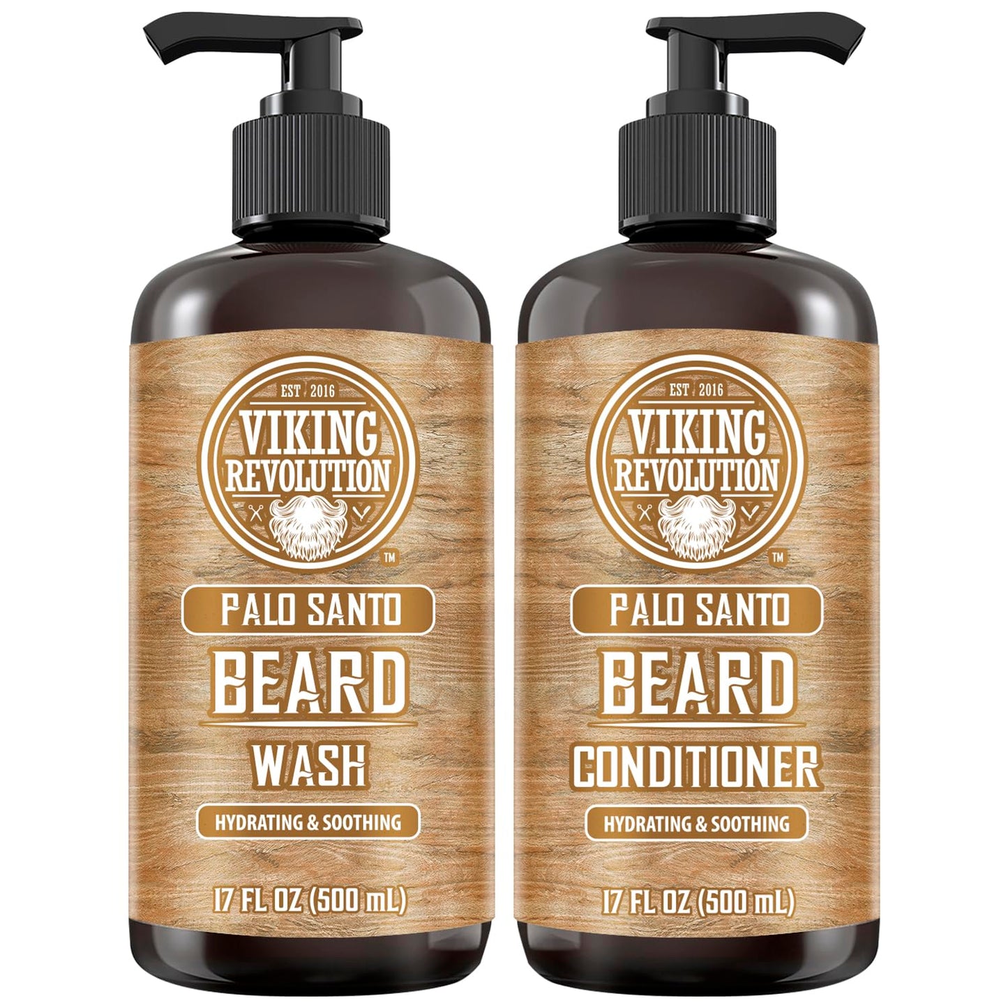 Viking Revolution Beard Wash & Beard Conditioner Set with Palo Santo Scent - Softens and Strengthens for Mens Hygiene Beard Shampoo with Beard Oil (2pack, 17 oz)