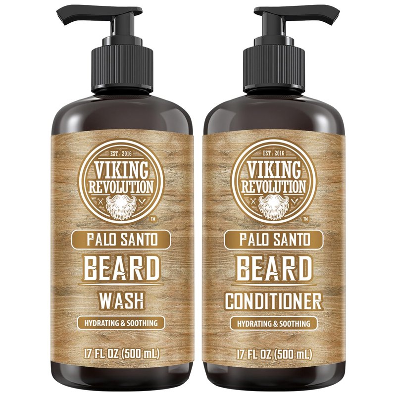 Viking Revolution Beard Wash & Beard Conditioner Set with Palo Santo Scent - Softens and Strengthens for Mens Hygiene Beard Shampoo with Beard Oil (2pack, 17 oz)