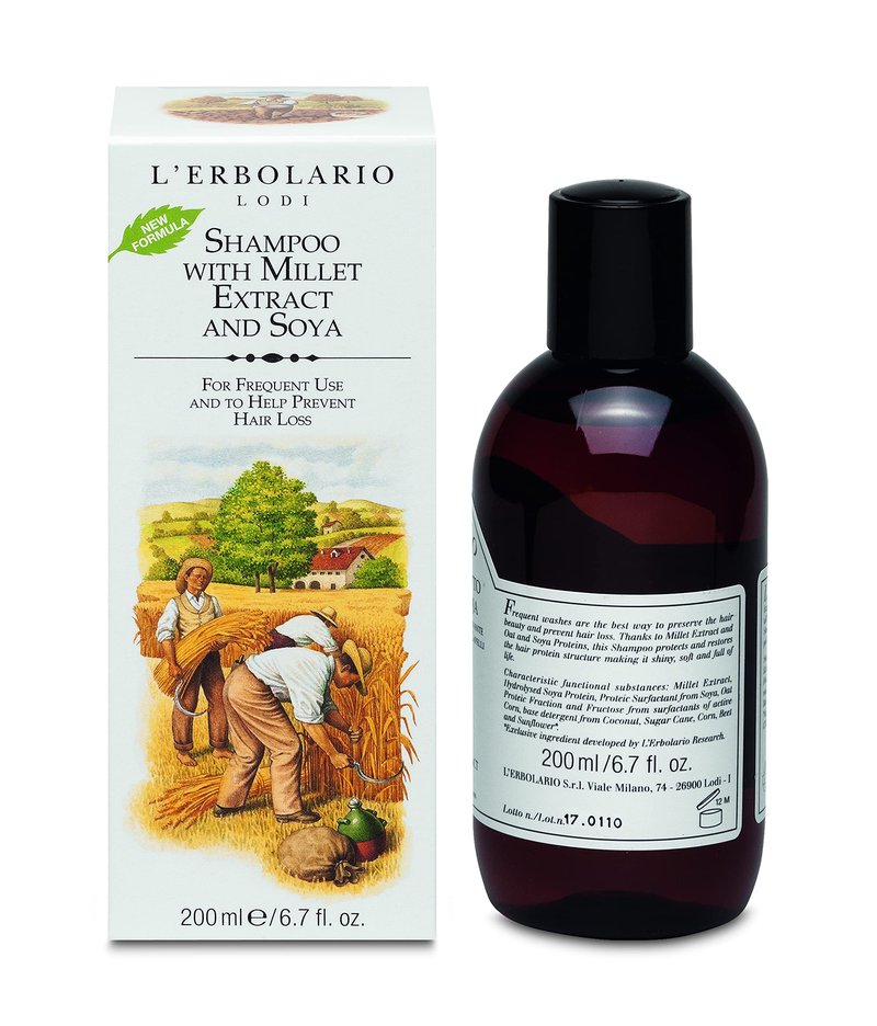 L'Erbolario Shampoo With Millet Extract And Soya - Protects And Restores Hair's Protein Structure - Leaves Hair Shiny, Soft And Full Of Life - Helps Prevent Hair Loss - For Frequent Use - 6.7 Oz