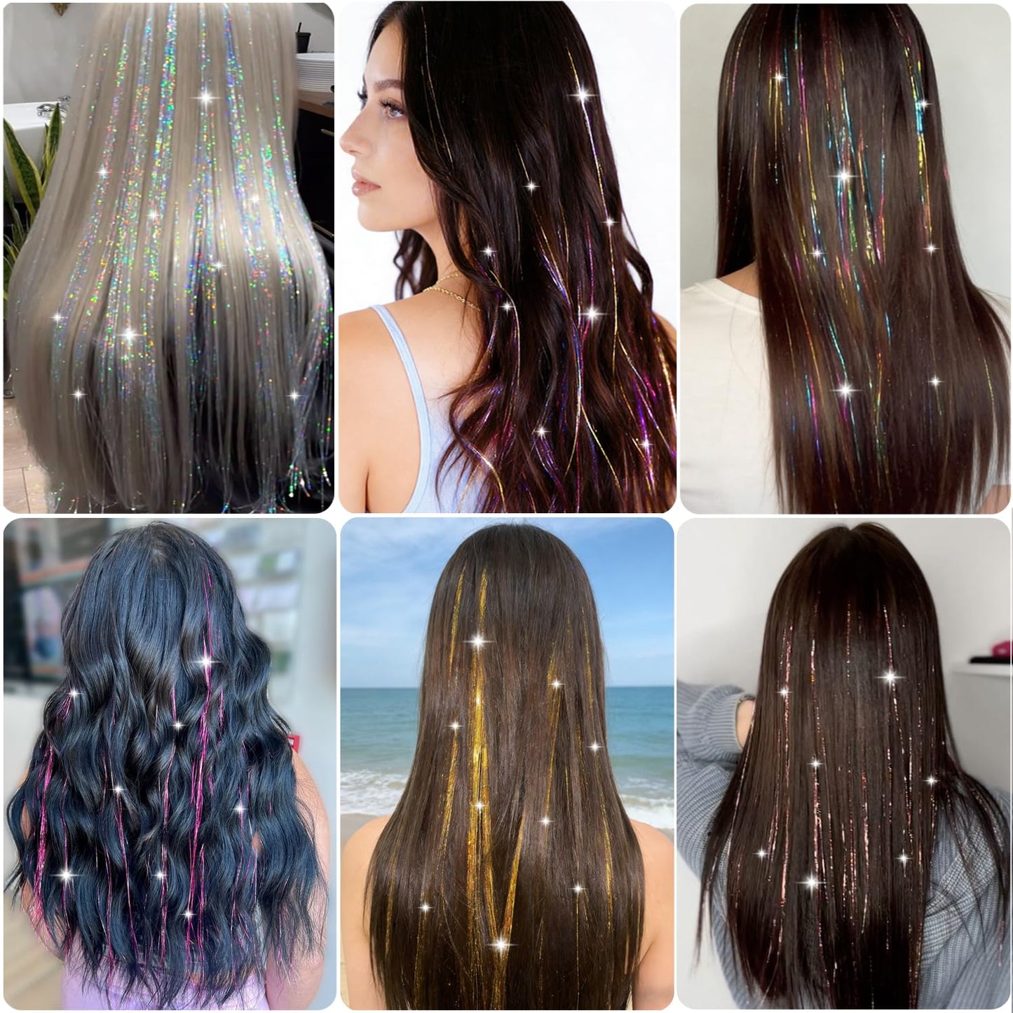 Aouuhe Hair Tinsel Kit 18 Pcs Clip in Hair Tinsel 20.5 Inch Glitter Fairy Tinsel Hair Extensions Clip in Black Sparkle Heat Resistant Daily Party Festival Hair Accessories for Women Girls (Black)