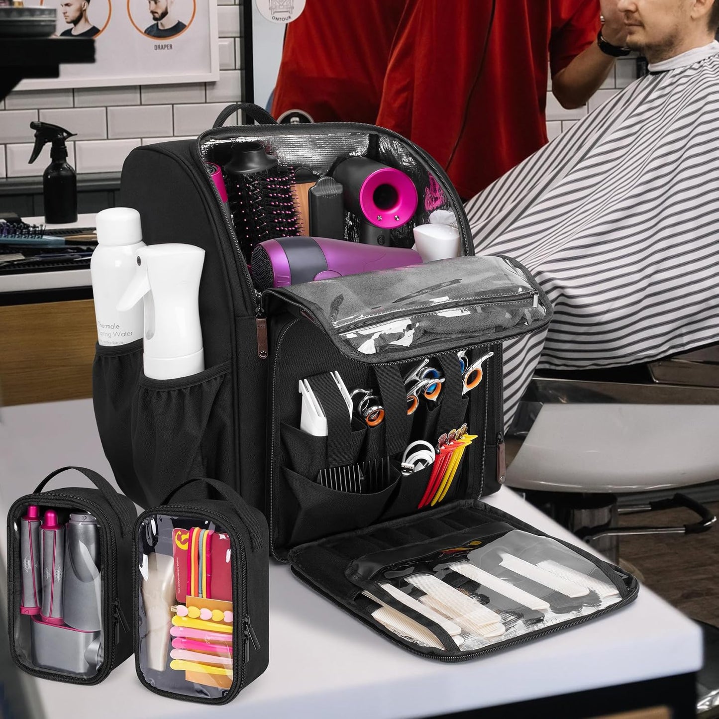 Insulated Barber Case - Large Capacity Hairstylist Bag with Semi-Detachable Divider & 2 Removable Pouches | Black