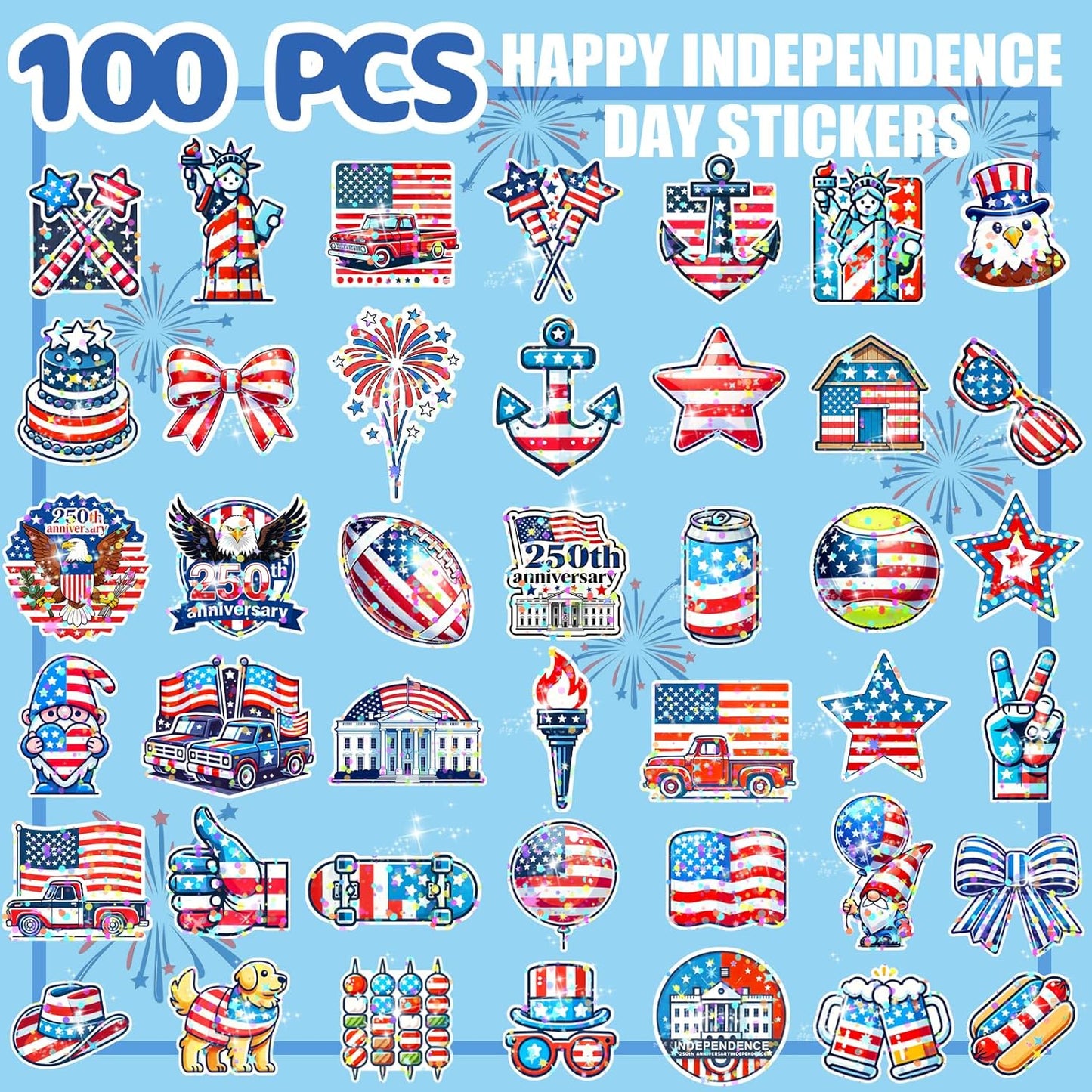 4th of July Waterproof Vinyl Glitter Stickers - Patriotic Holographic Decorations for Water Bottles, Laptops & More | 100 Pcs