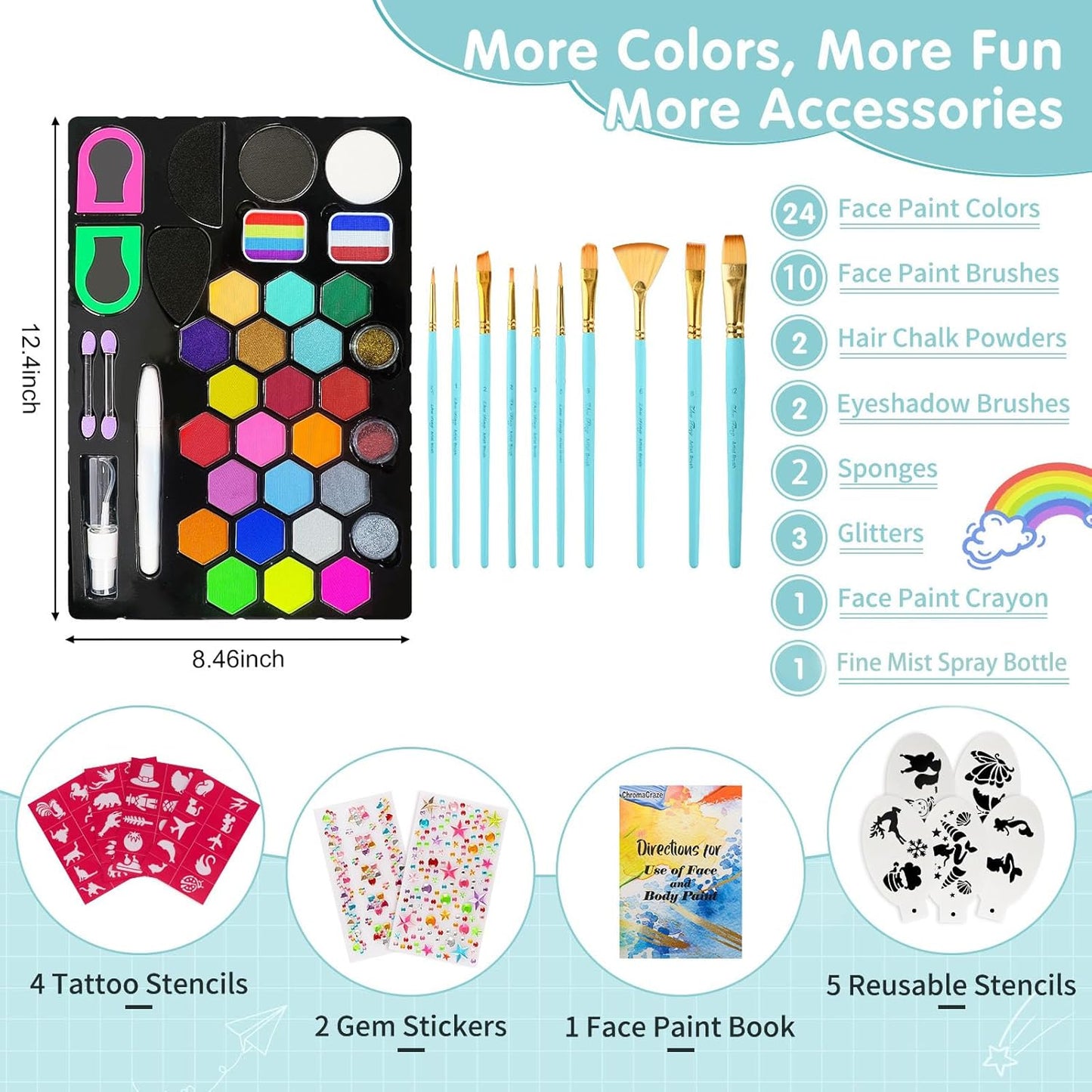 Face Painting Kit - 24 Color Water-Based Non-Toxic Paint Set with Brushes & Stencils | Ideal for Parties, Halloween & Birthdays