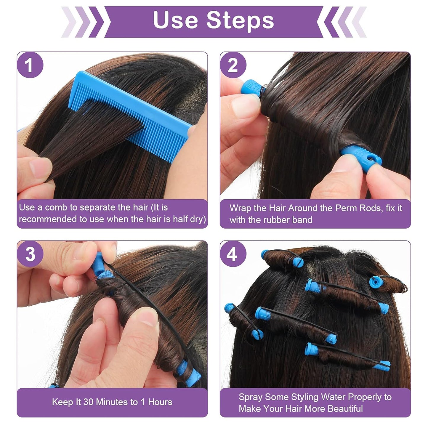 Hair Perm Rods Set - 60PCS Blue Plastic Curlers with Steel Pintail Comb | DIY Hair Styling Tools (0.9cm)