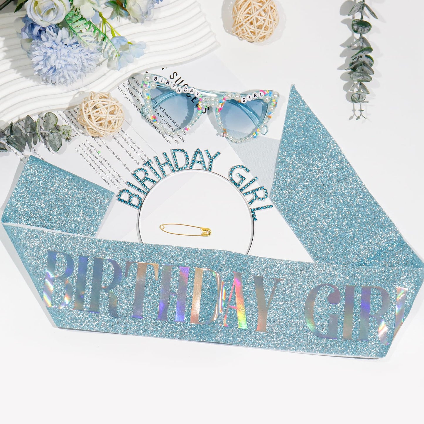 GZJINYUAN 3Pcs Birthday Girl Sash Headband Set- Glitter Sashs Rhinestone Headband Sunglasses, Birthday Sash Accessories for Women Girls (Blue)