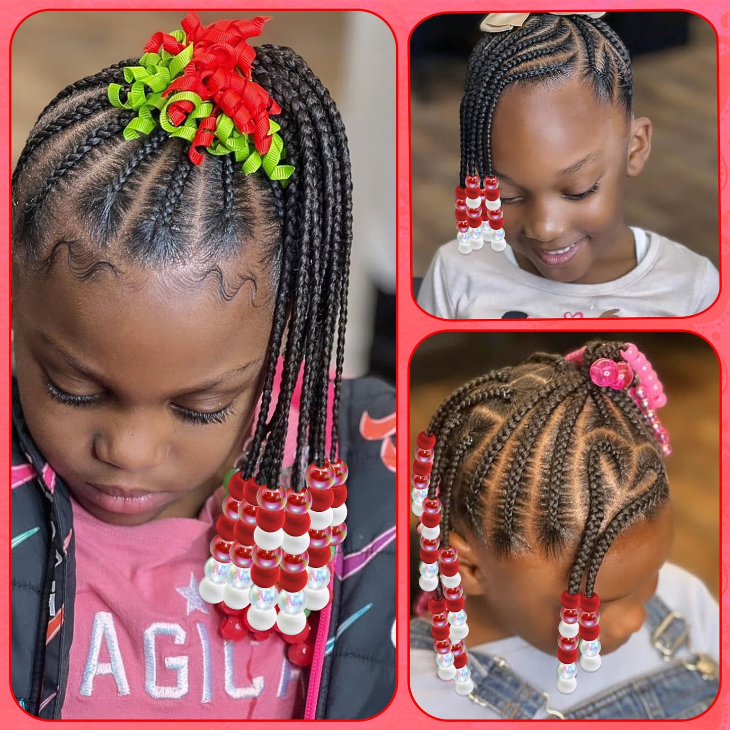 NAISKA 60PCS Valentines Red Hair Beads for Braids AB Color Round Beads for Hair Acrylic Dreadlock Bead Cute Pony Braids Beads Jewelry Valentine's Day Loc Hair Accessories