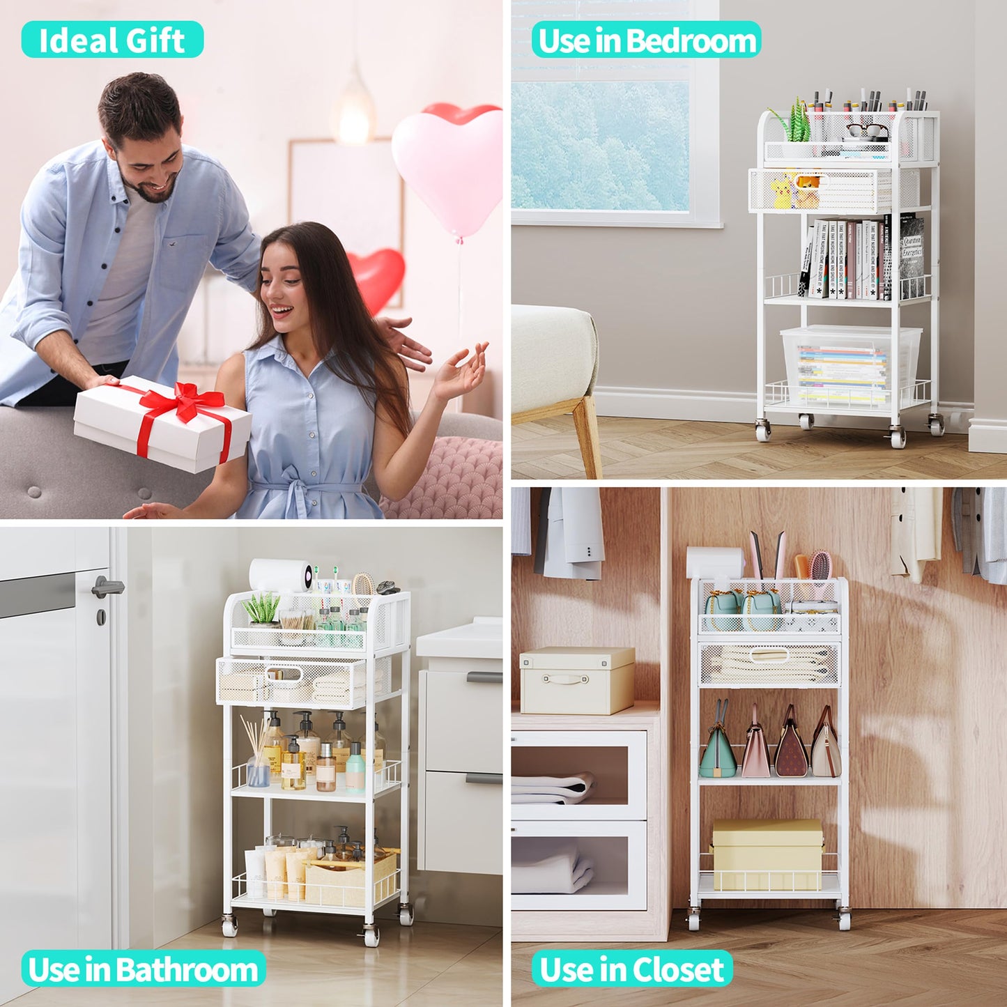 HapiRm Makeup Organizer Storage Cart - 4 Tier Skincare Make Up Storage with Drawer, Rolling Makeup Cart Vanity Organizer Cosmetics Display Cases Holder for Skin Care Perfume Nail Polish Brush