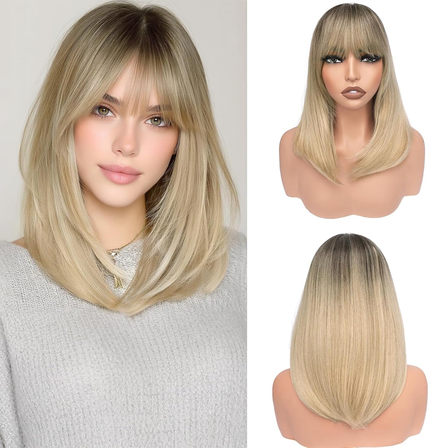 Blonde Bob Wigs with Bangs - Shoulder Length Straight Synthetic Hair | 16 Inch Platinum Blonde